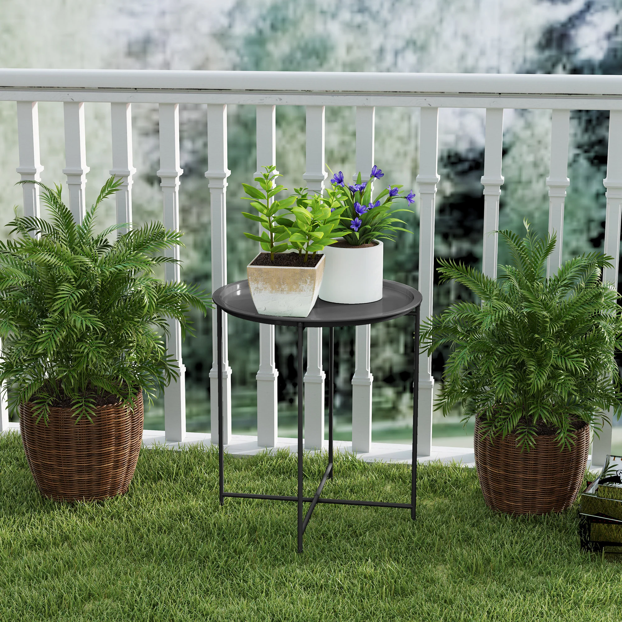 Outsunny 46cm Round Garden Table, Small Side Table w/ Removable Tray, Black - Image 9