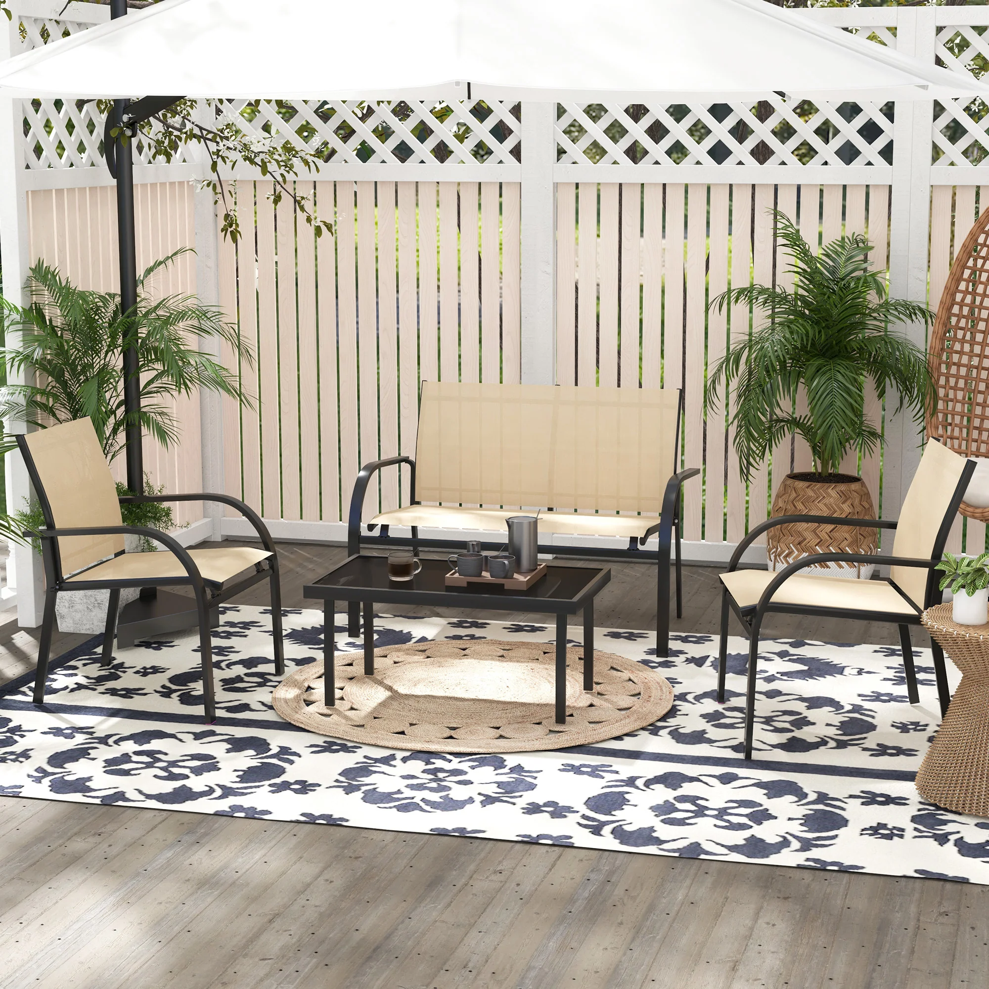Outsunny 4pcs Patio Furniture Set Garden Sofa Glass Top Coffee Table Beige - Image 2