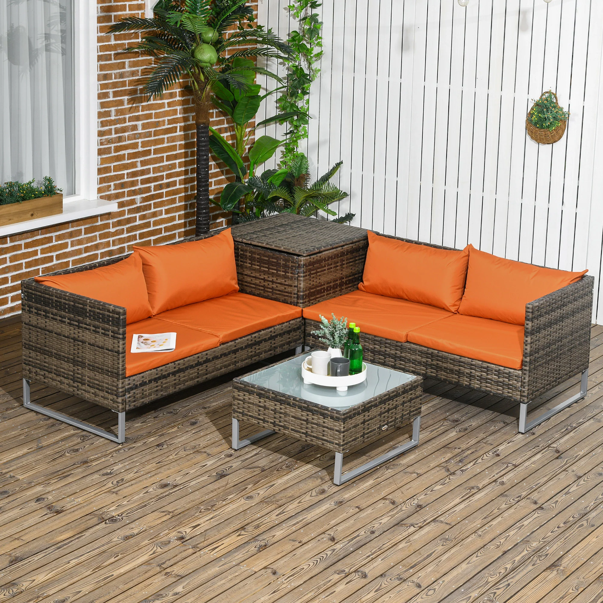 Outsunny 4Pcs Patio Rattan Sofa Garden Furniture Set with Table Cushions Orange - Image 2