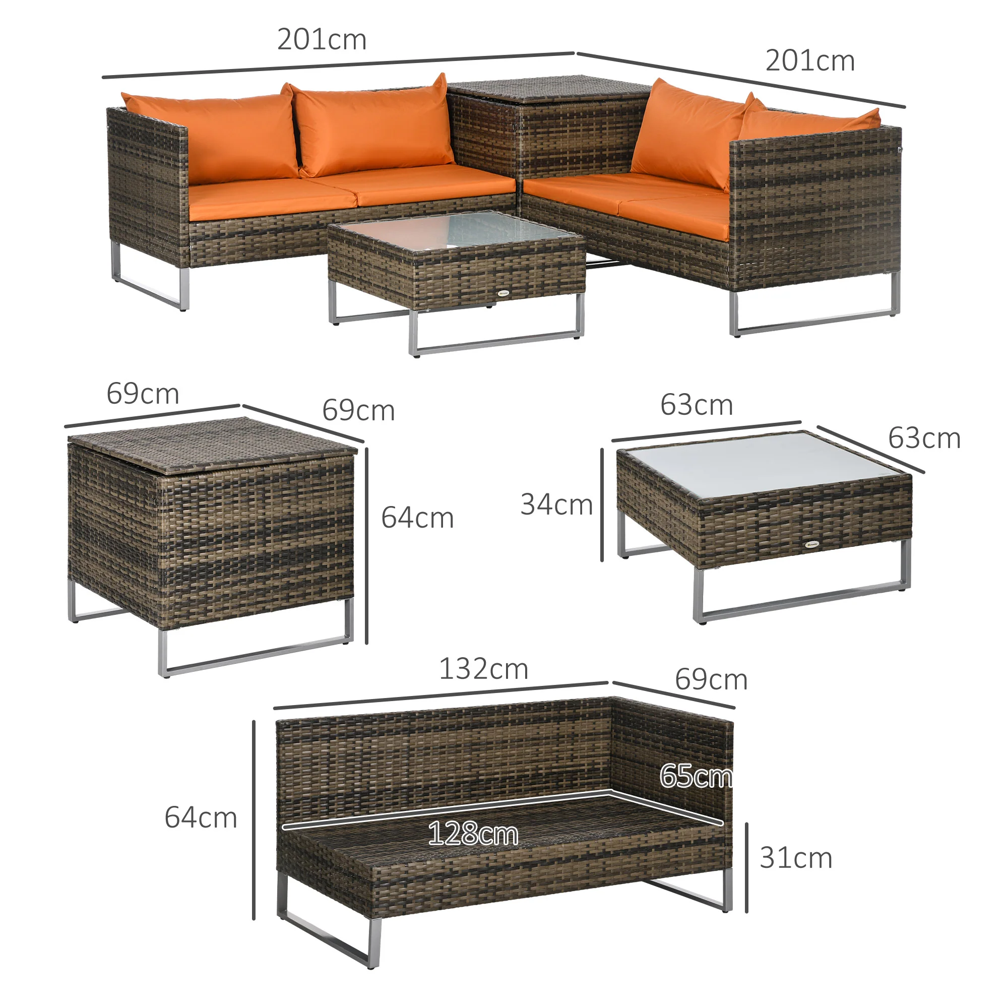 Outsunny 4Pcs Patio Rattan Sofa Garden Furniture Set with Table Cushions Orange - Image 5