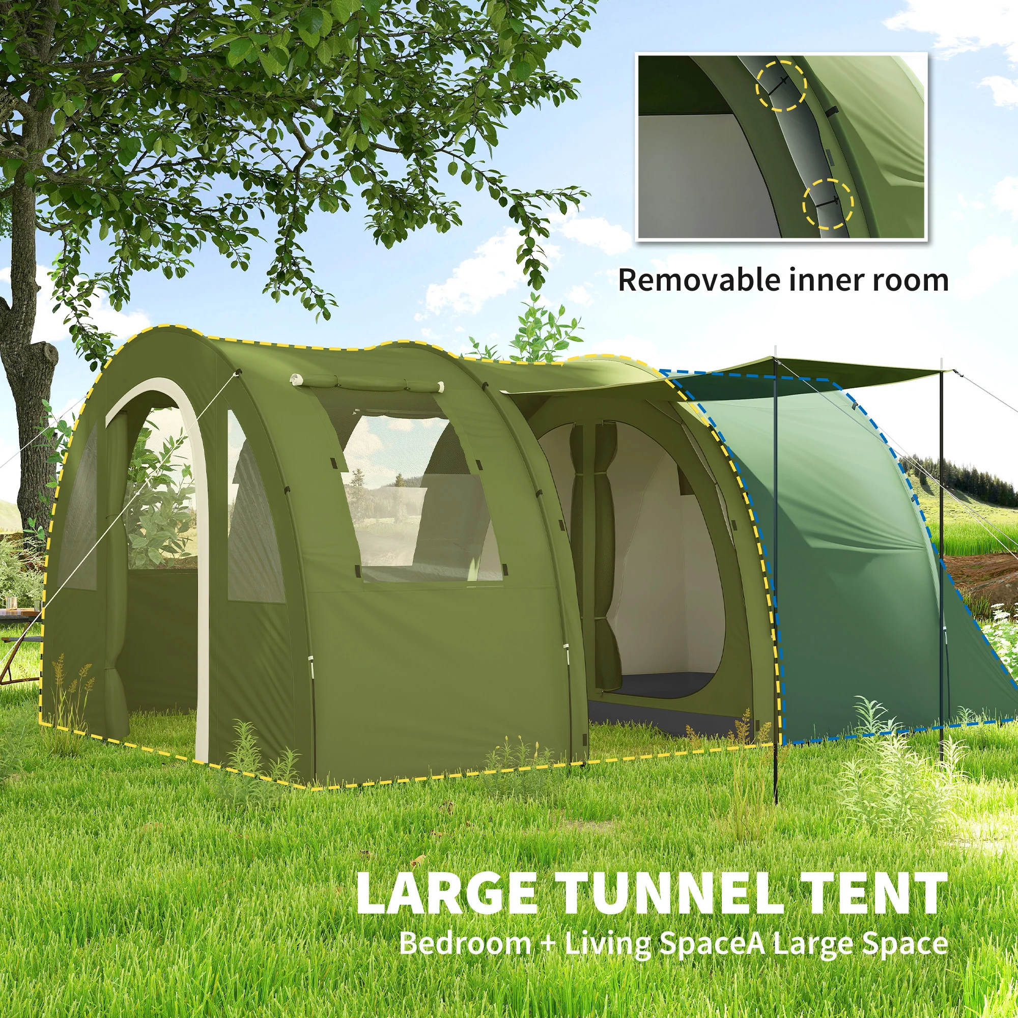 Outsunny 5-6 Man Family Tent Camping Tent with 2 Room and Carry Bag, Green - Image 3