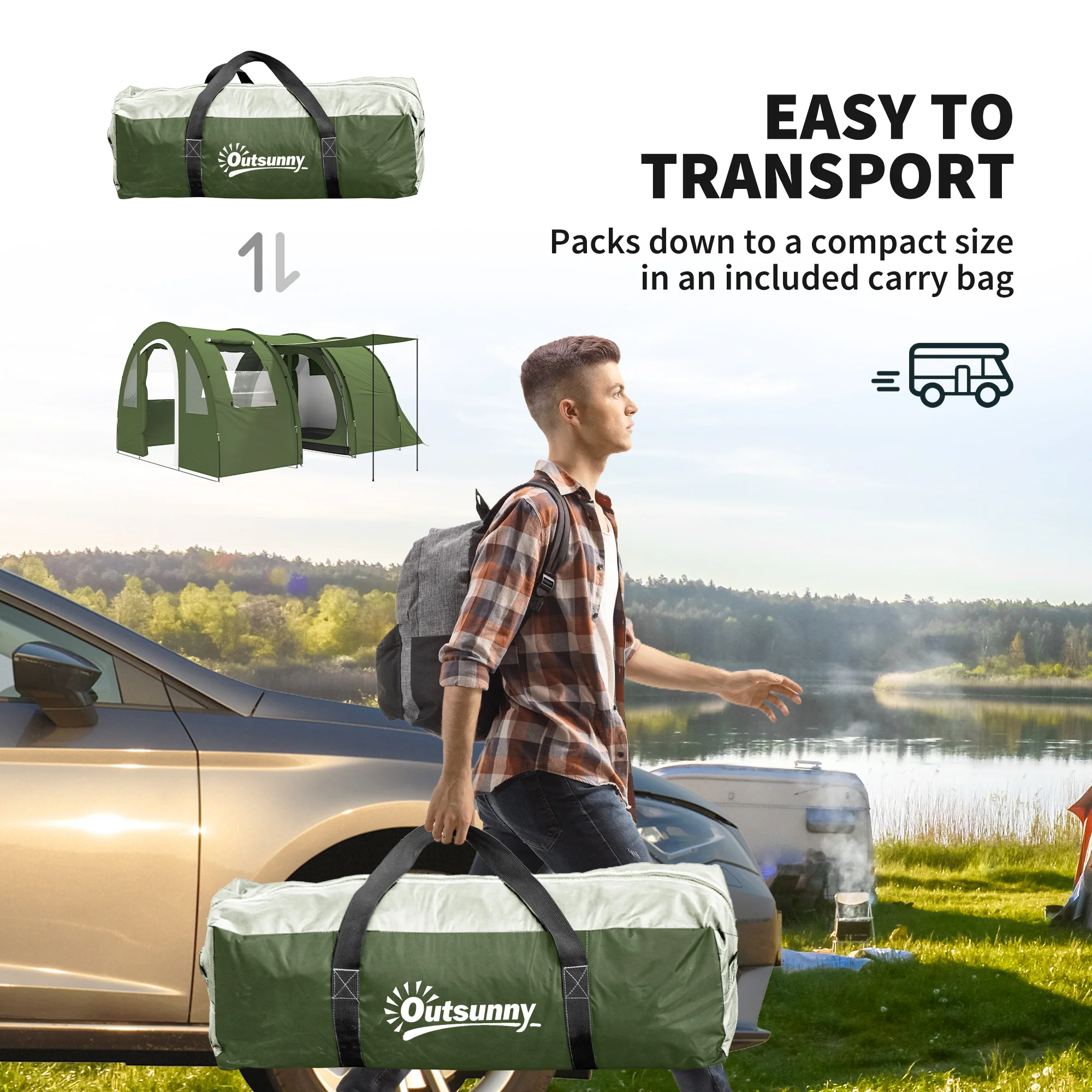 Outsunny 5-6 Man Family Tent Camping Tent with 2 Room and Carry Bag, Green - Image 8