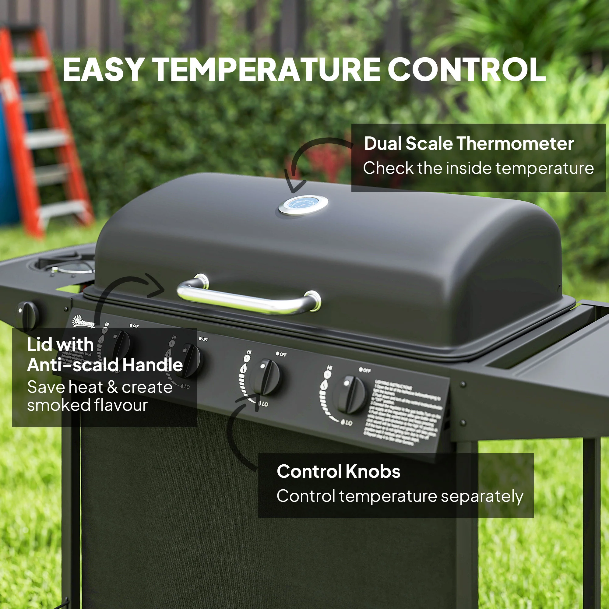 Outsunny 5 Burner Gas Barbecue Grill Portable Gas BBQ Grill with Lid, Black - Image 4