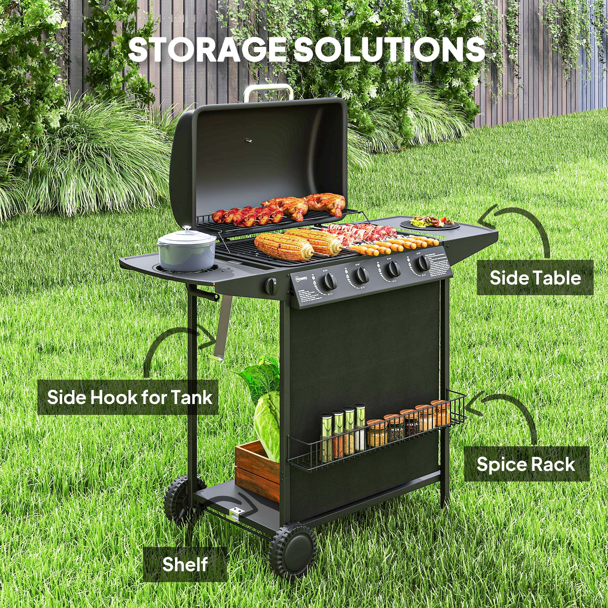 Outsunny 5 Burner Gas Barbecue Grill Portable Gas BBQ Grill with Lid, Black - Image 6