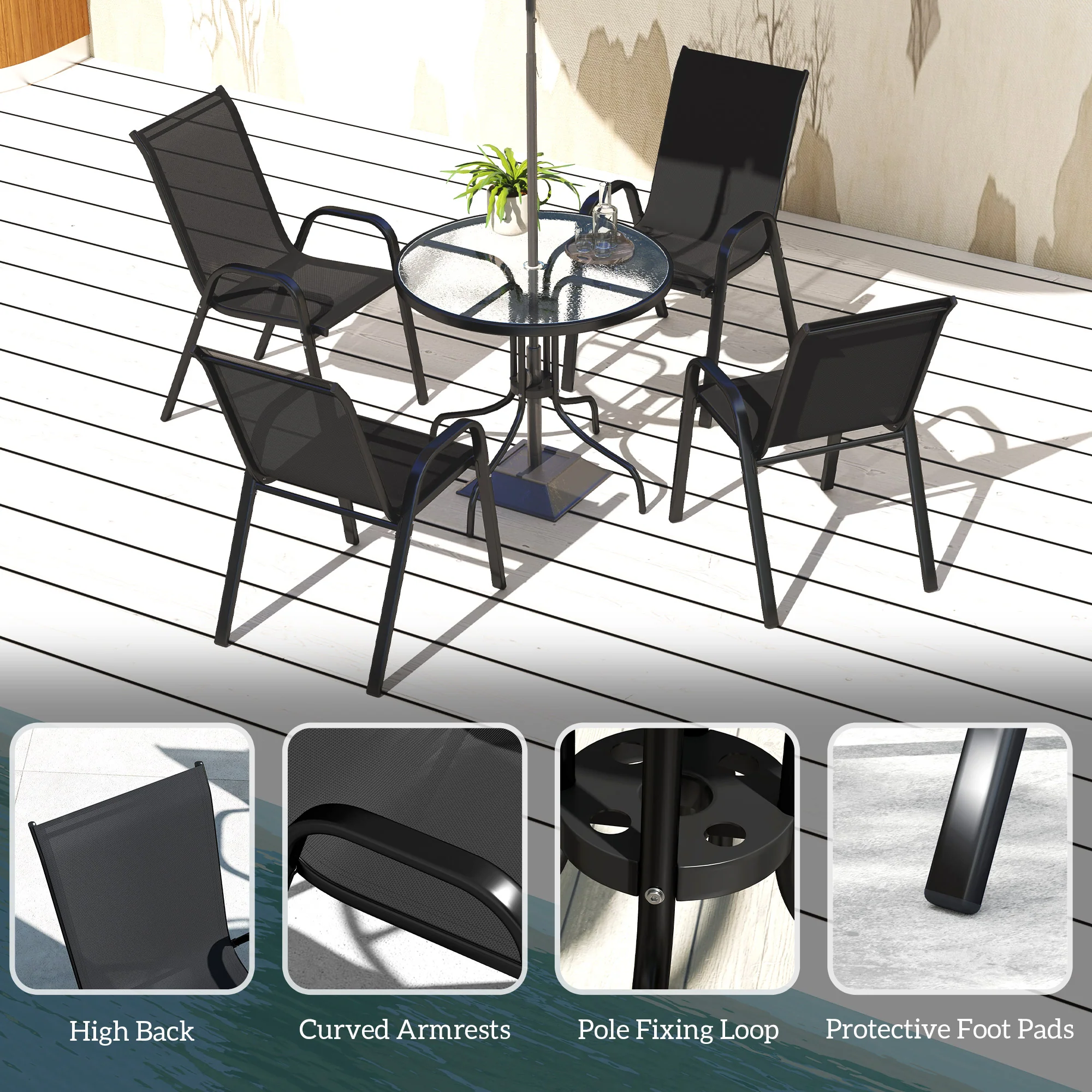 Outsunny 5 PCs Garden Furniture Set, Round Table And Stackable Chairs, Grey - Image 7
