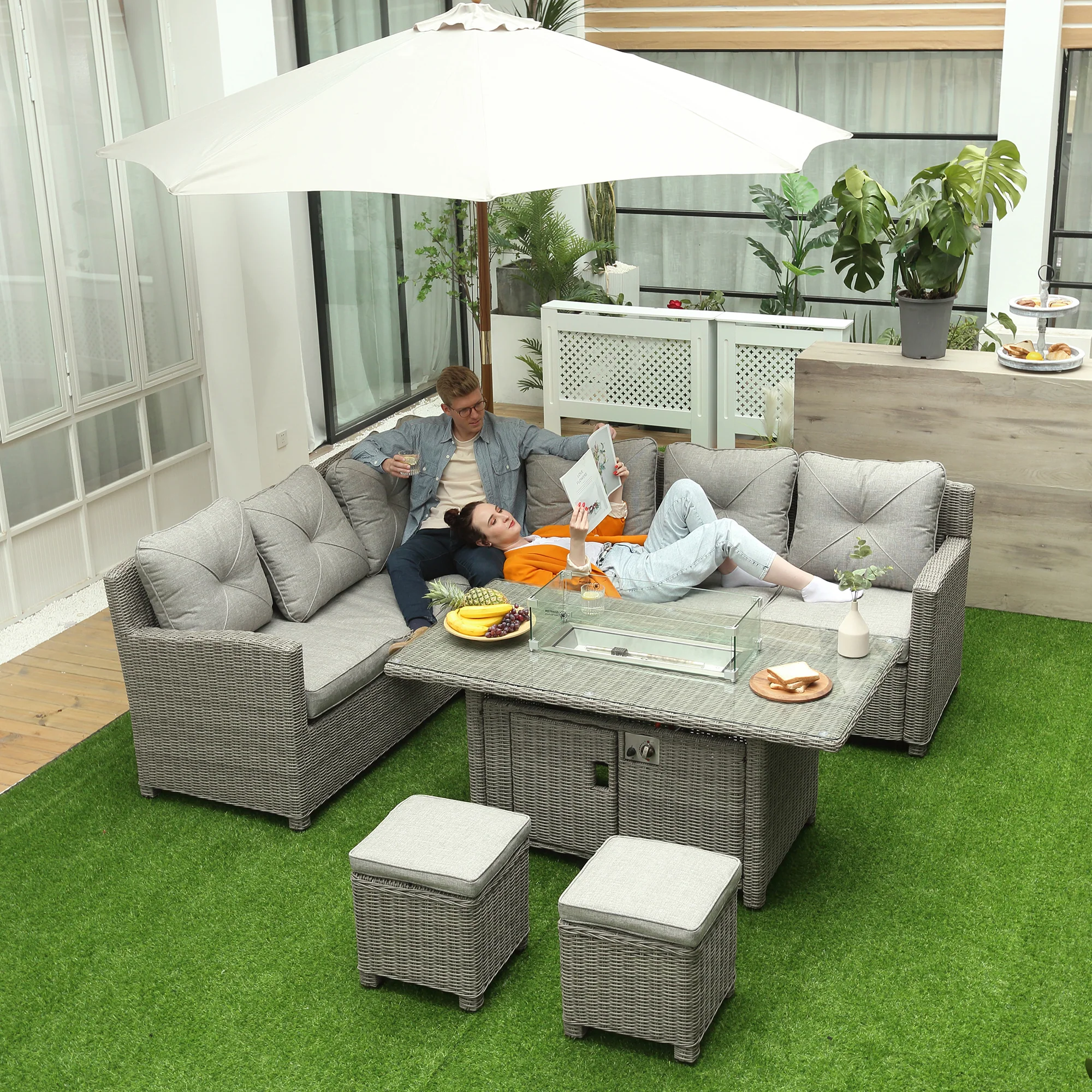 Outsunny 5 PCs Outdoor PE Rattan L-Shape Sofa Footstool Fire Pit Table Set - Image 2