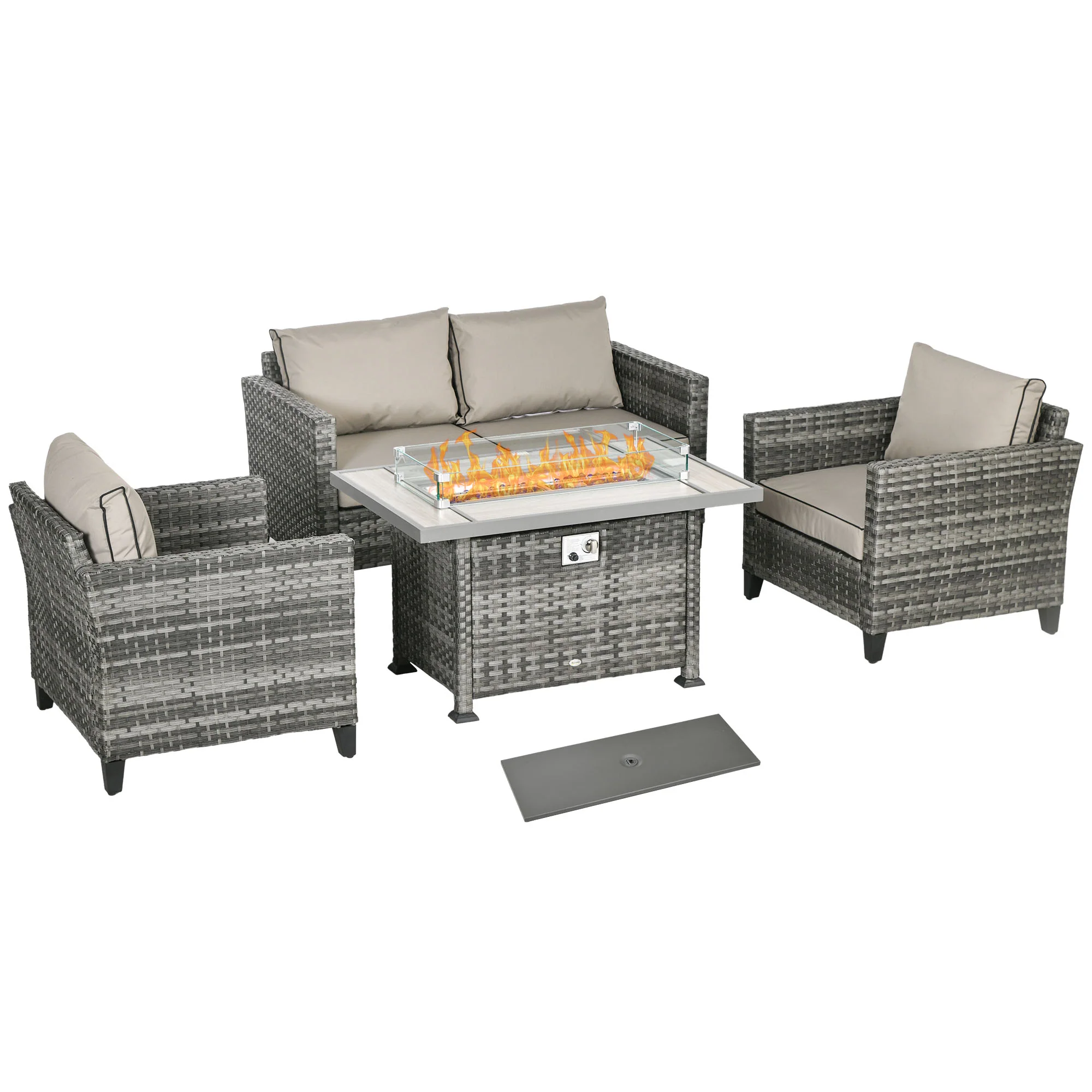 Outsunny 5 PCs Rattan Garden Furniture Set With Gas Fire Pit Table, Grey