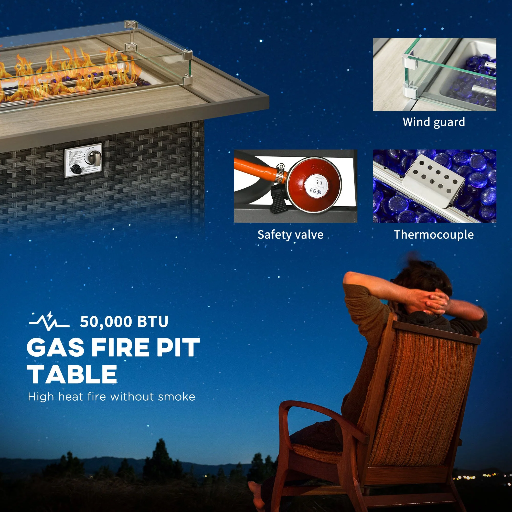 Outsunny 5 PCs Rattan Garden Furniture Set With Gas Fire Pit Table, Grey - Image 3