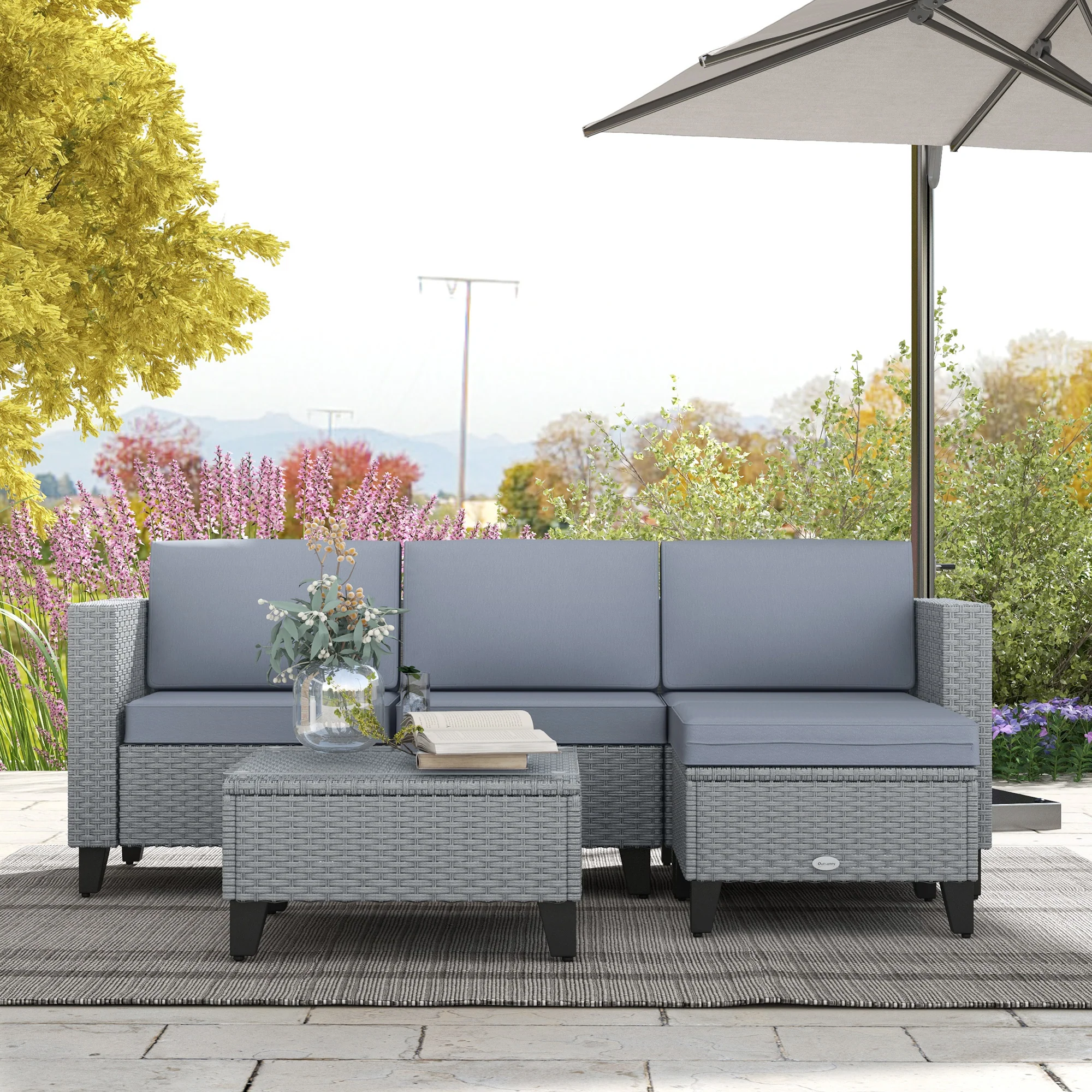 Outsunny 5 PCs Rattan Garden Furniture Set with Glass Coffee Table - Image 11