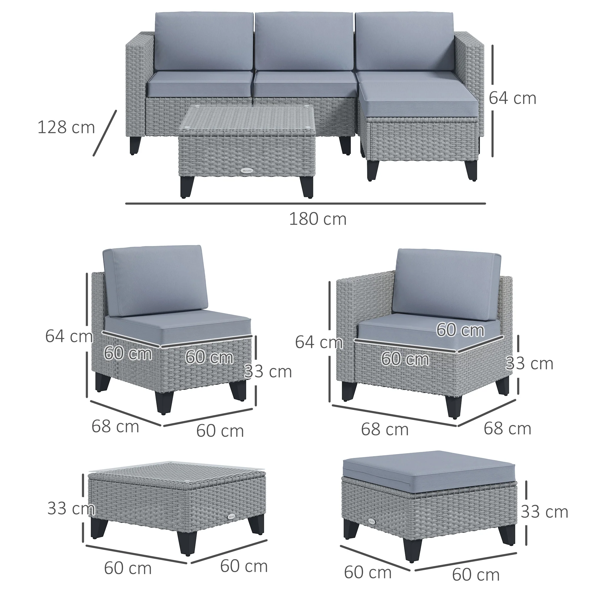 Outsunny 5 PCs Rattan Garden Furniture Set with Glass Coffee Table - Image 14
