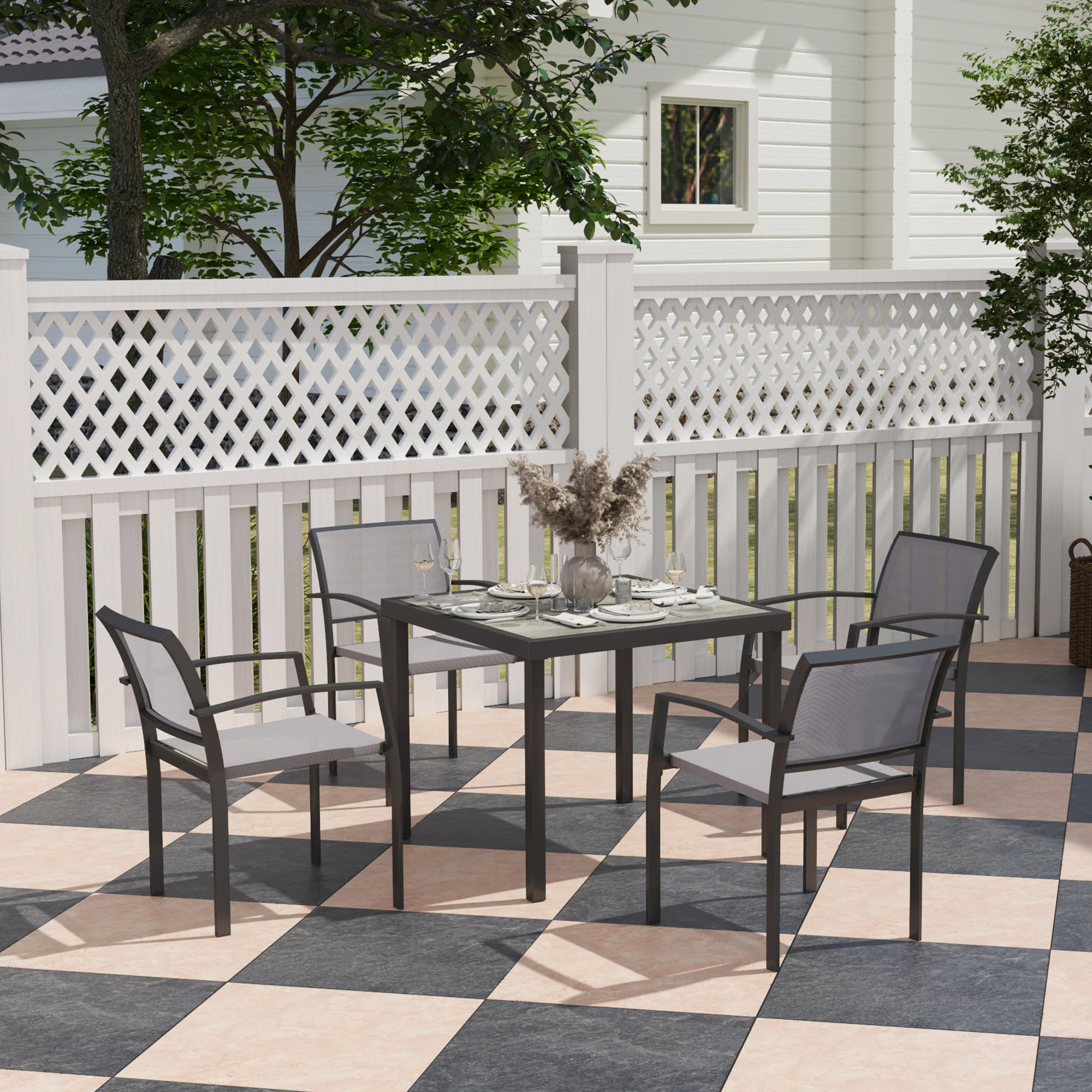 Outsunny 5 Piece Garden Furniture Set with 4 Stackable Armchairs, Grey - Image 2