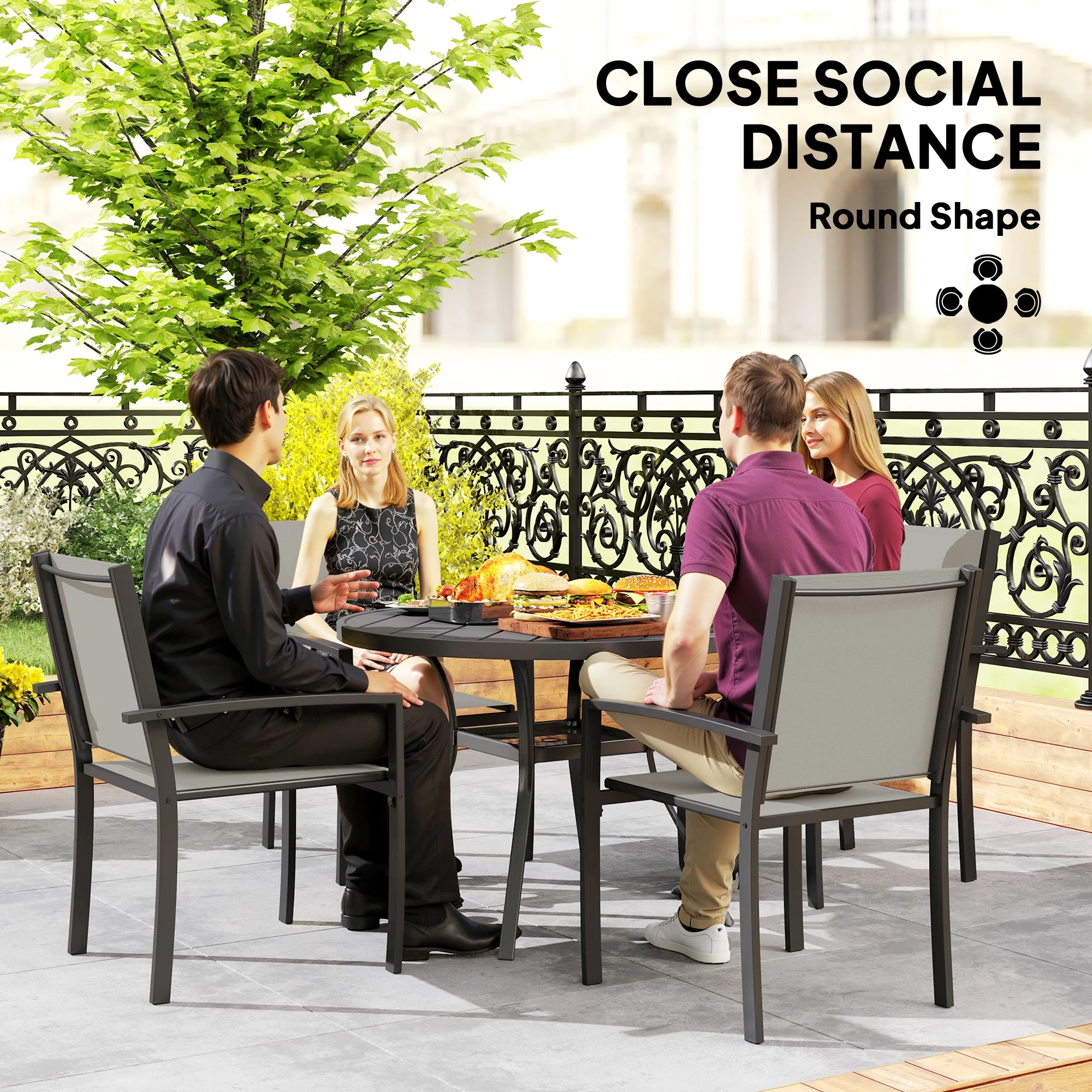 Outsunny 5 Piece Garden Furniture Set With Round Table & 4 Stackable Chairs - Image 6