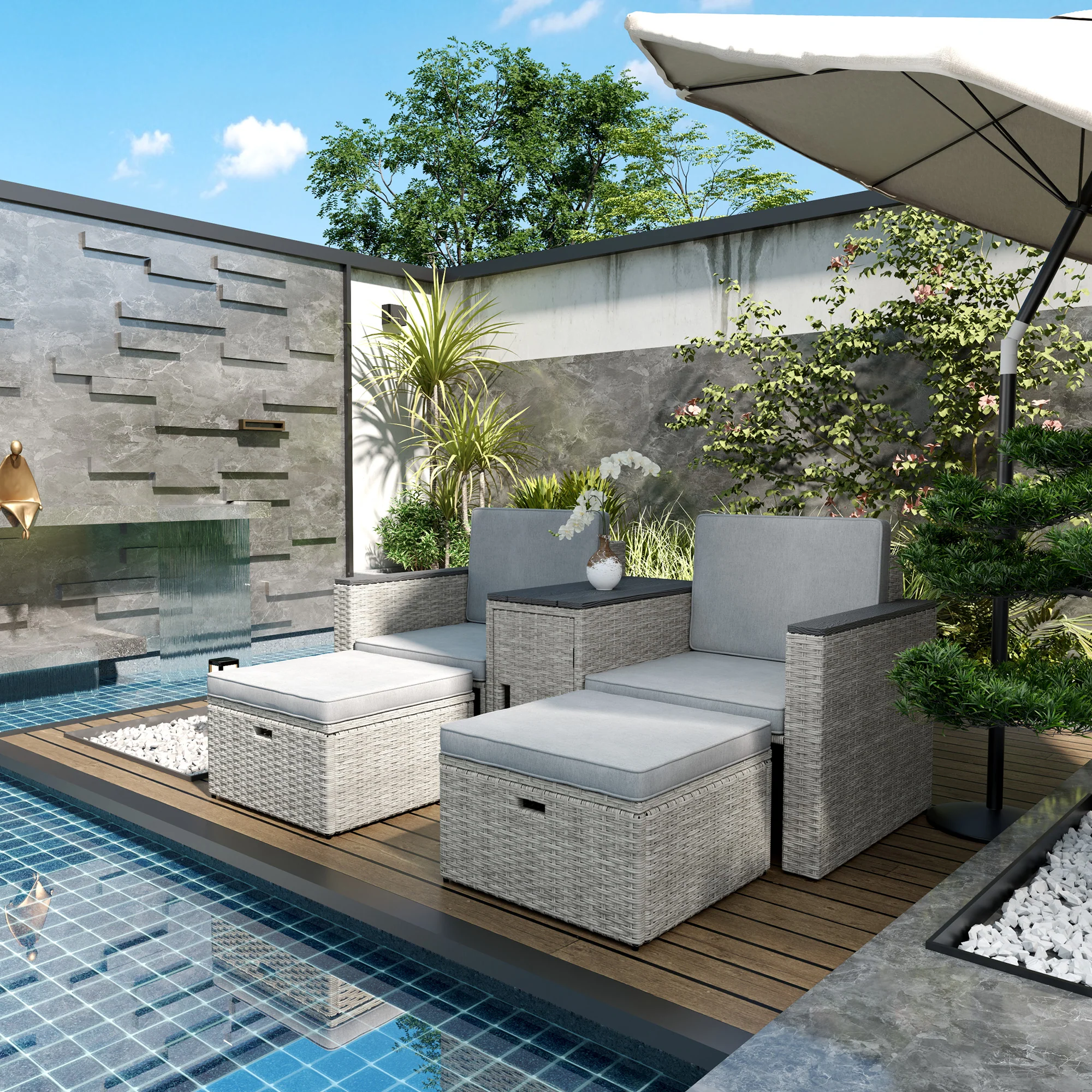 Outsunny 5 Piece Rattan Garden Furniture Set w/ Storage Table, Stools, Grey - Image 2