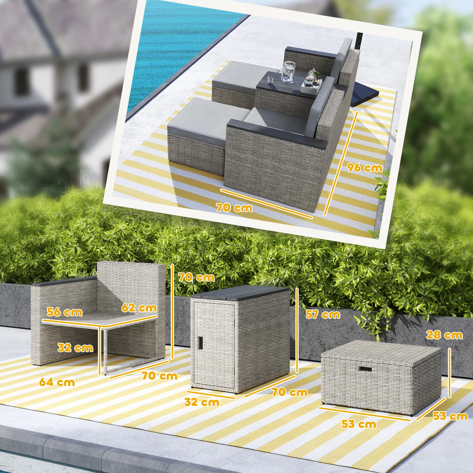 Outsunny 5 Piece Rattan Garden Furniture Set w/ Storage Table, Stools, Grey - Image 5