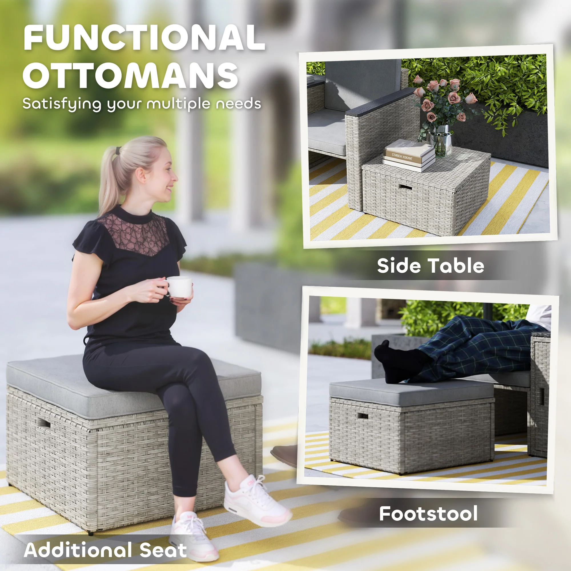 Outsunny 5 Piece Rattan Garden Furniture Set w/ Storage Table, Stools, Grey - Image 6
