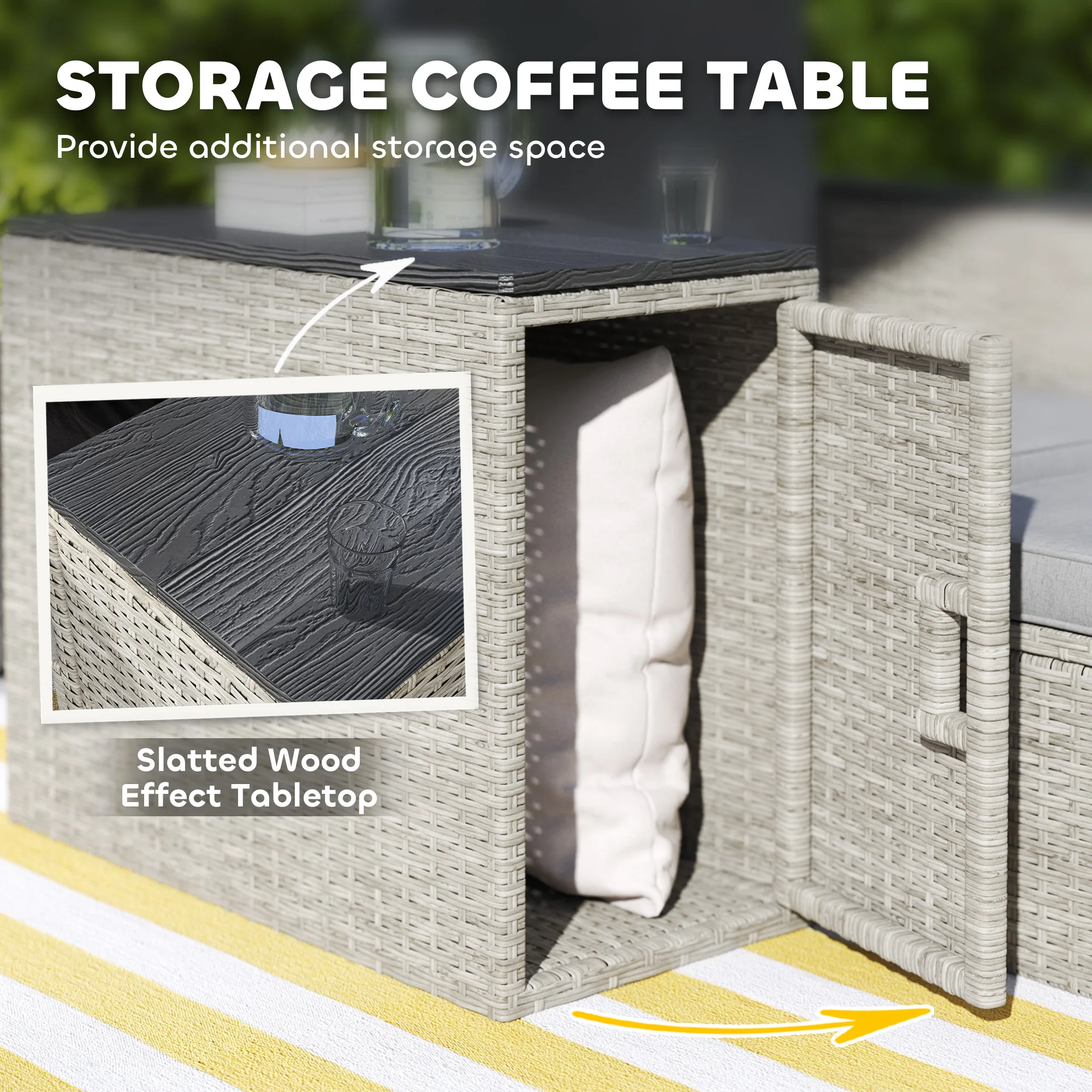Outsunny 5 Piece Rattan Garden Furniture Set w/ Storage Table, Stools, Grey - Image 8