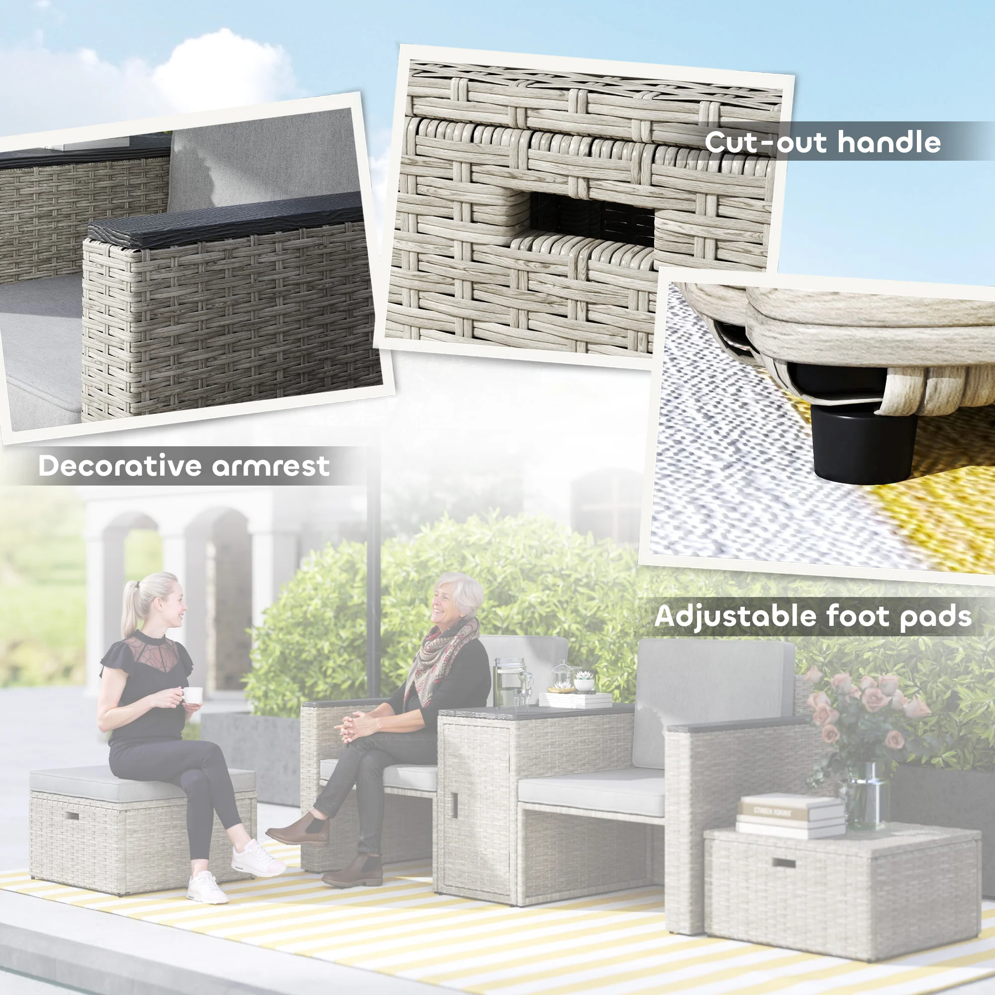 Outsunny 5 Piece Rattan Garden Furniture Set w/ Storage Table, Stools, Grey - Image 9