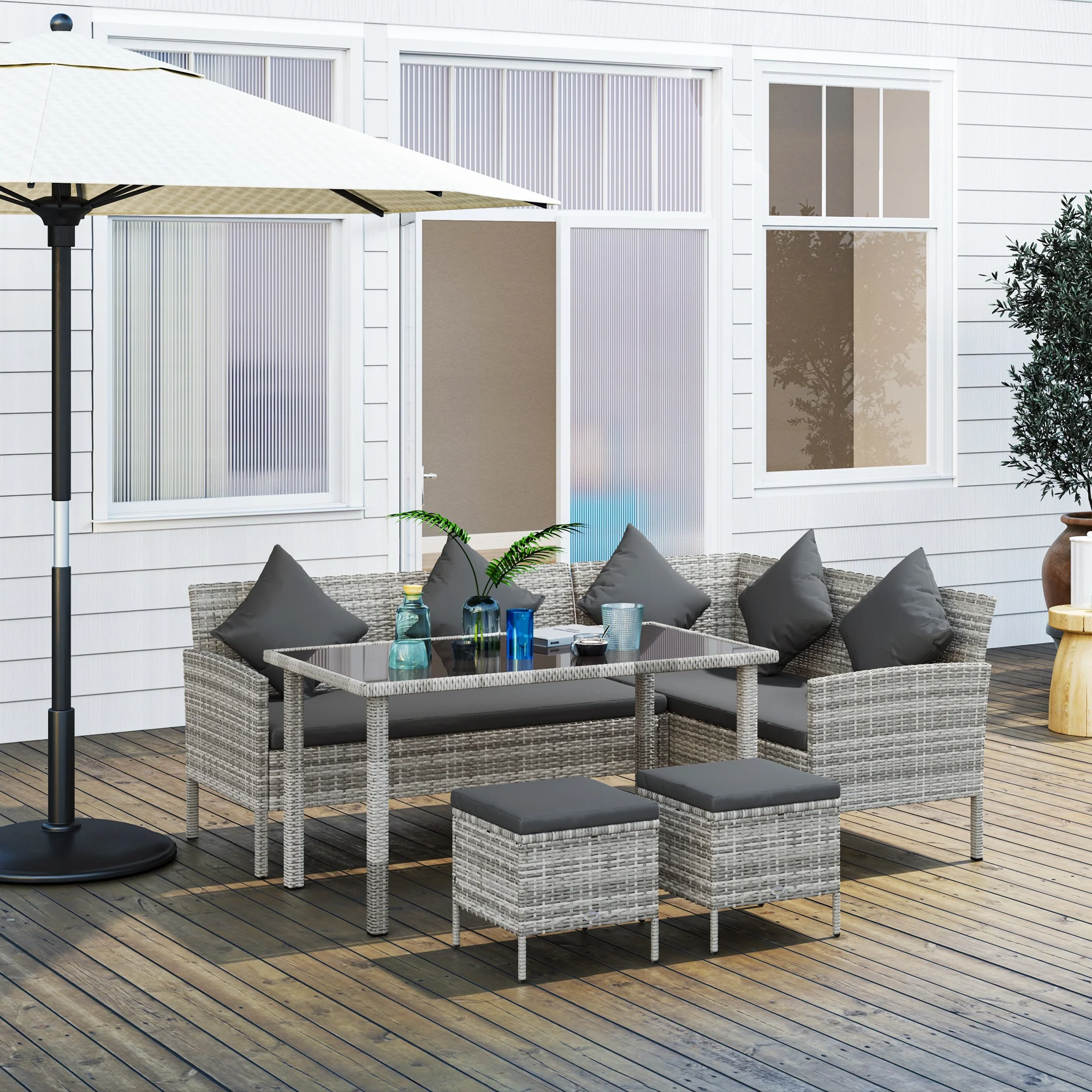 Outsunny 5Pcs Rattan Dining Corner Sofa Set, Garden Furniture Set, Dark Grey - Image 2