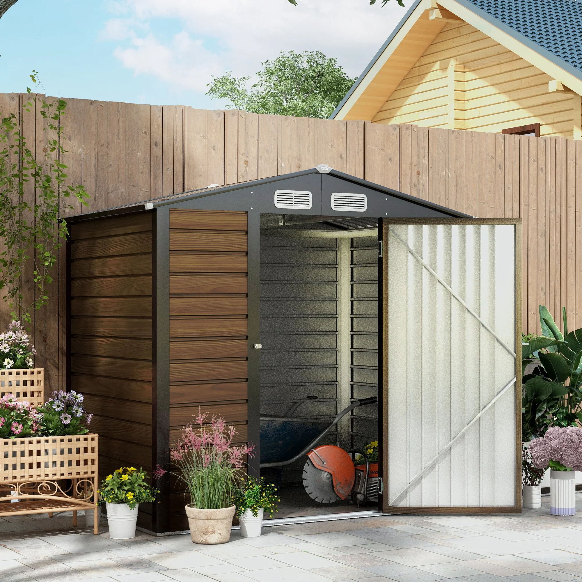 Outsunny 6.2 x 4.3ft Garden Metal Shed with Vent for Garden, Patio, Oak - Image 2