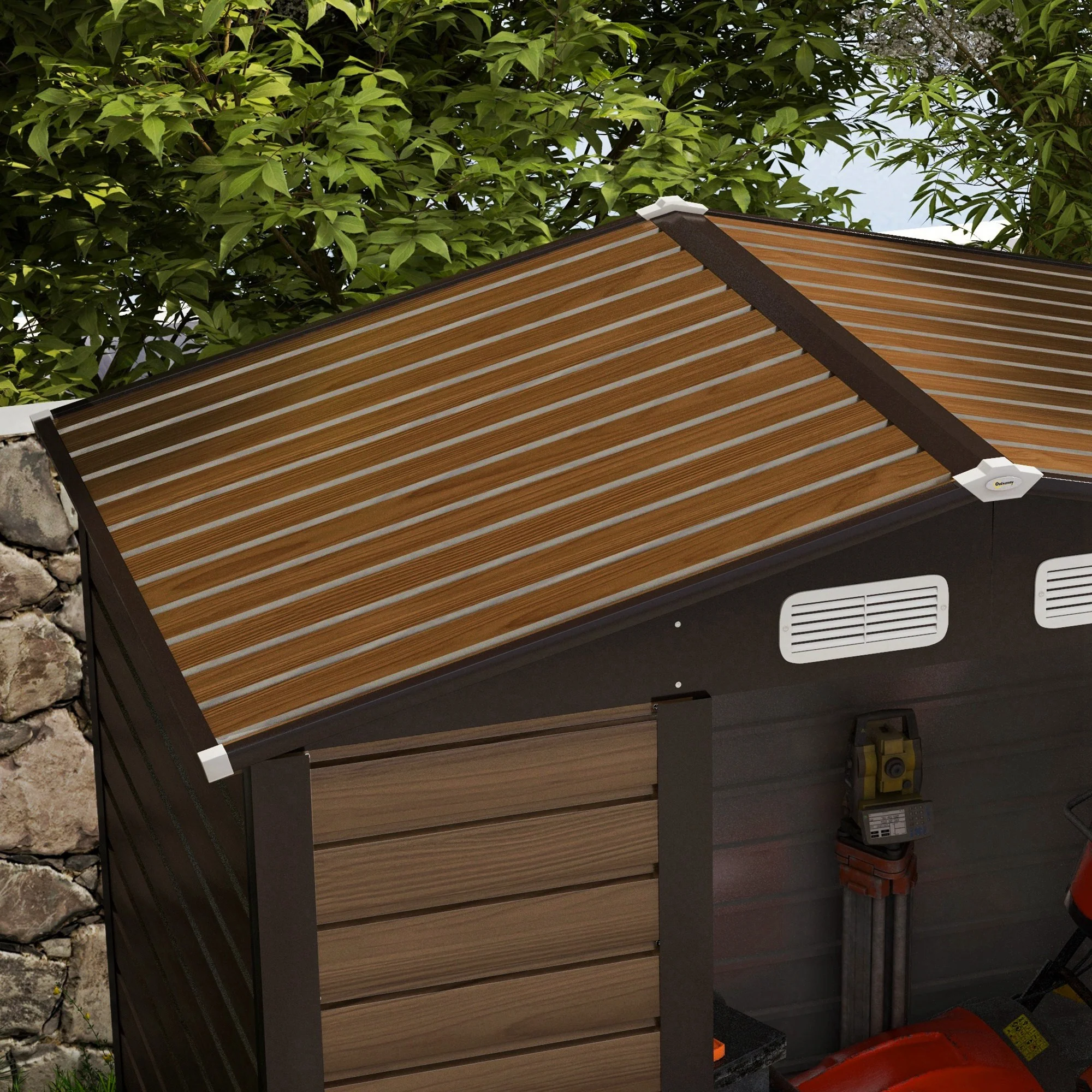 Outsunny 6.2 x 4.3ft Garden Metal Shed with Vent for Garden, Patio, Oak - Image 9