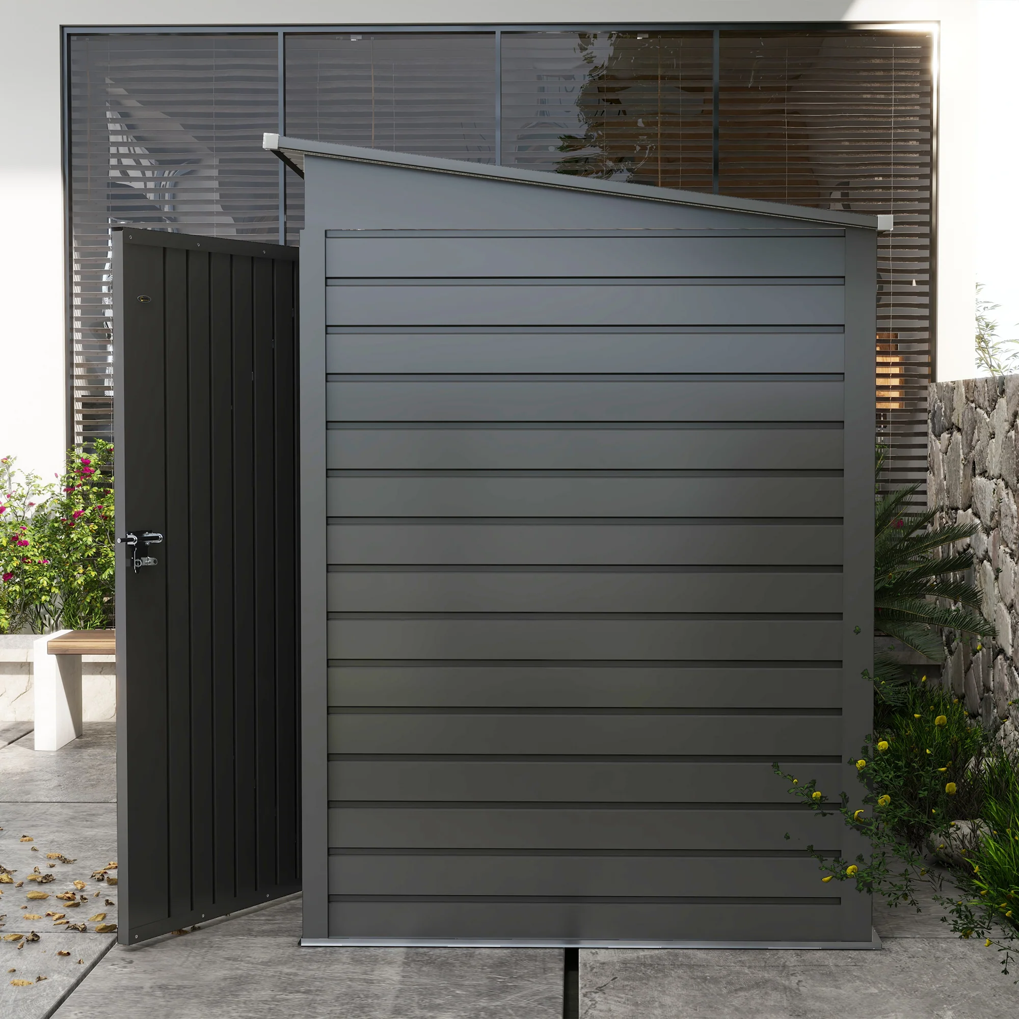 Outsunny 6.3 x 4.3FT Galvanised Metal Garden Shed with Lockable Door, Grey - Image 8