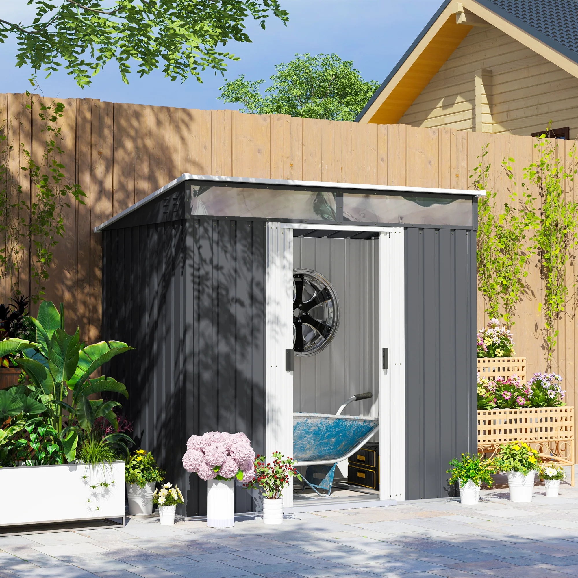 Outsunny 6.5x4FT Garden Shed Lockable Metal Tool Shed Green - Image 10