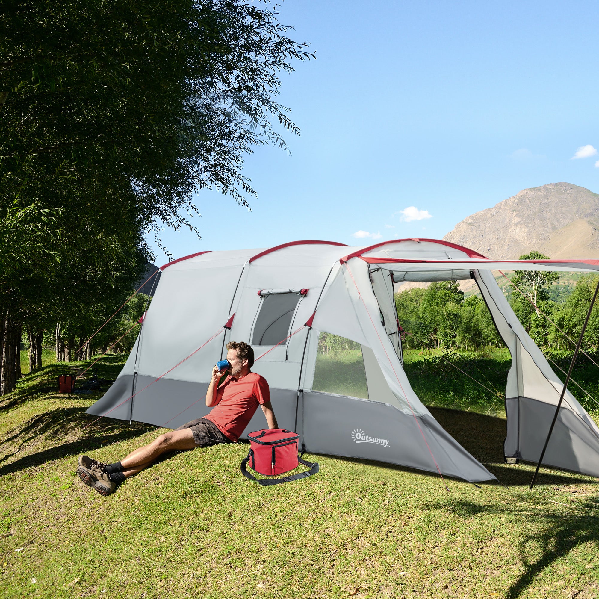 Outsunny 6-8 Person Tunnel Tent, Two-room Camping Tent with Carry Bag, Grey - Image 2