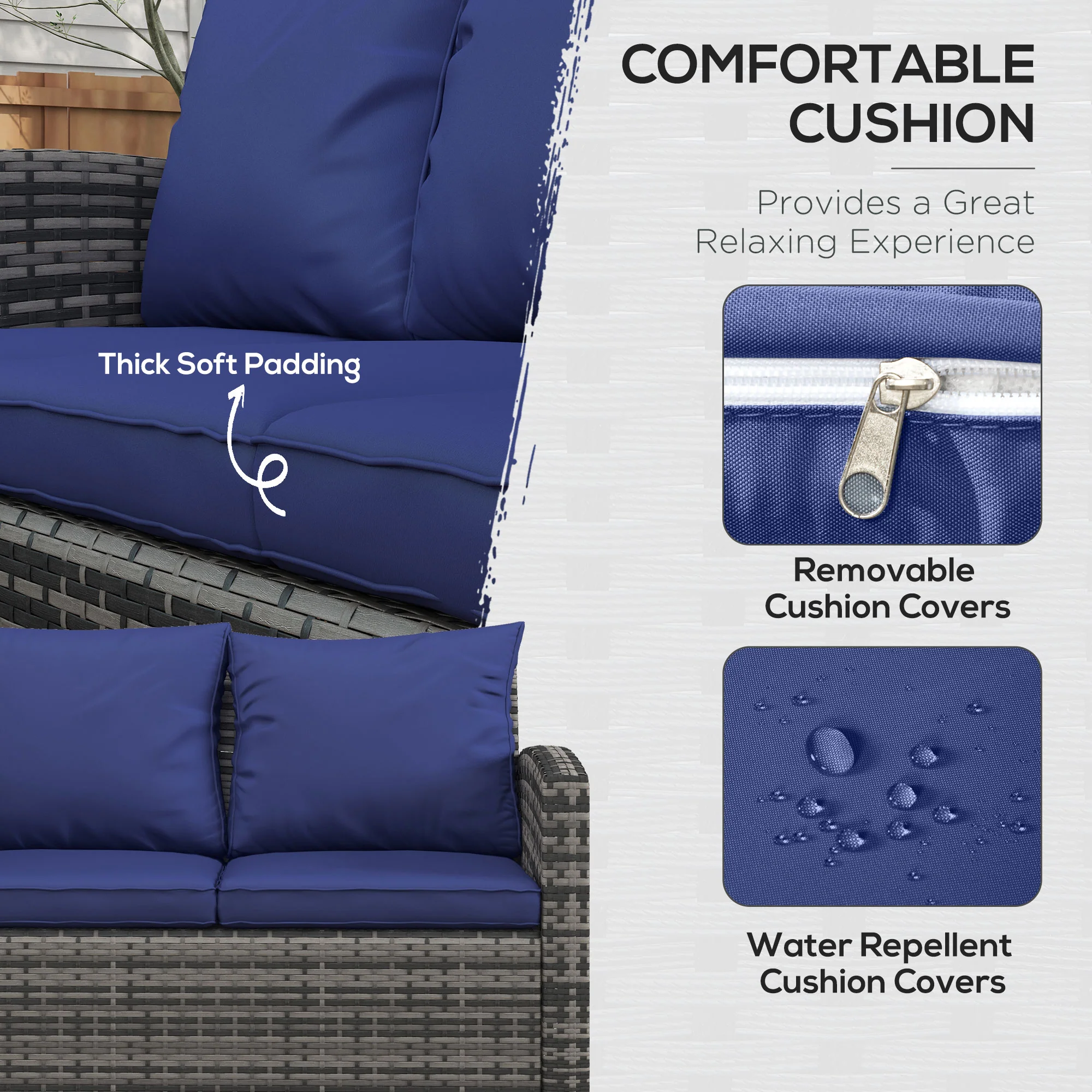Outsunny 6 PCS Patio Rattan Sofa Set Conversation Furniture with Storage Blue - Image 4