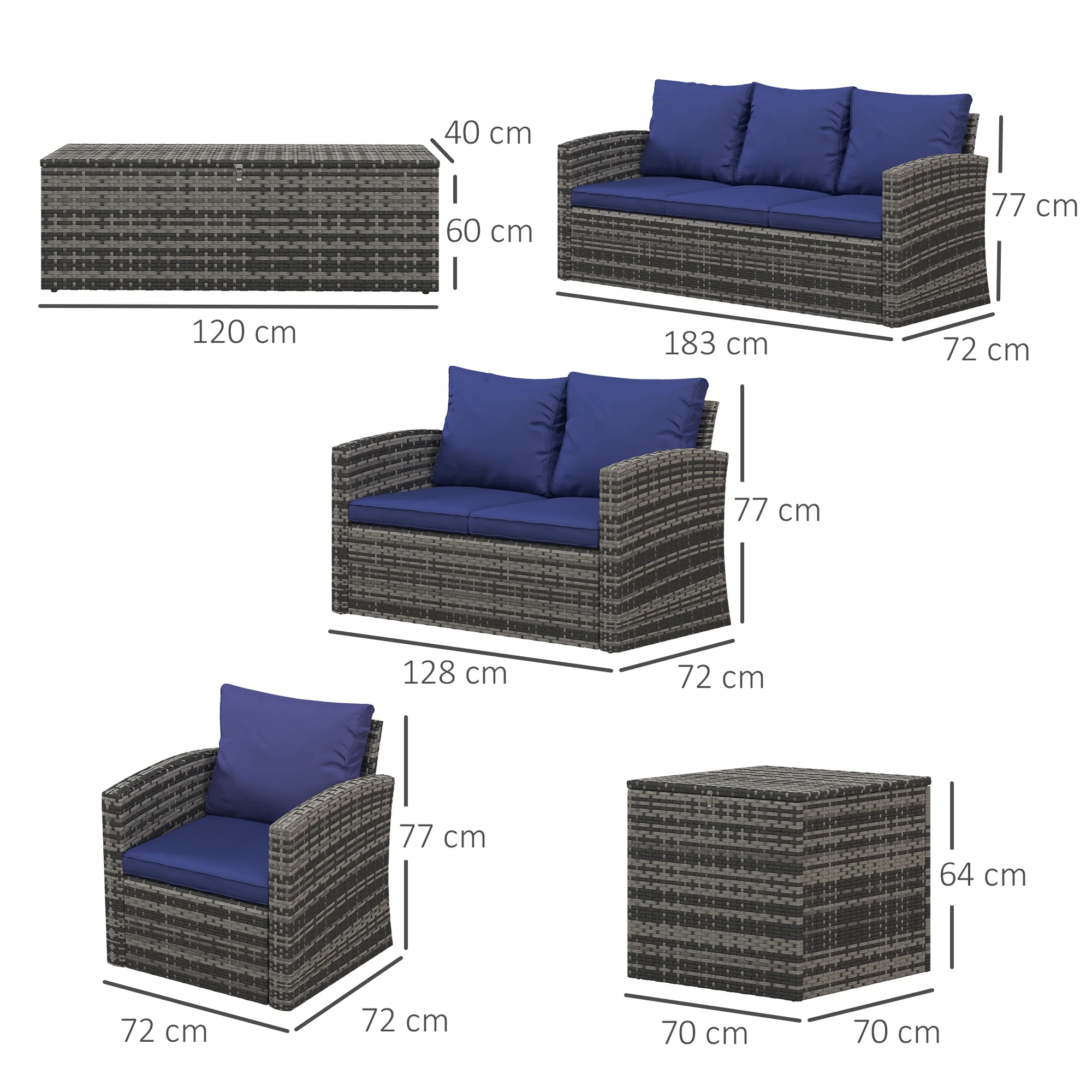 Outsunny 6 PCS Patio Rattan Sofa Set Conversation Furniture with Storage Blue - Image 5