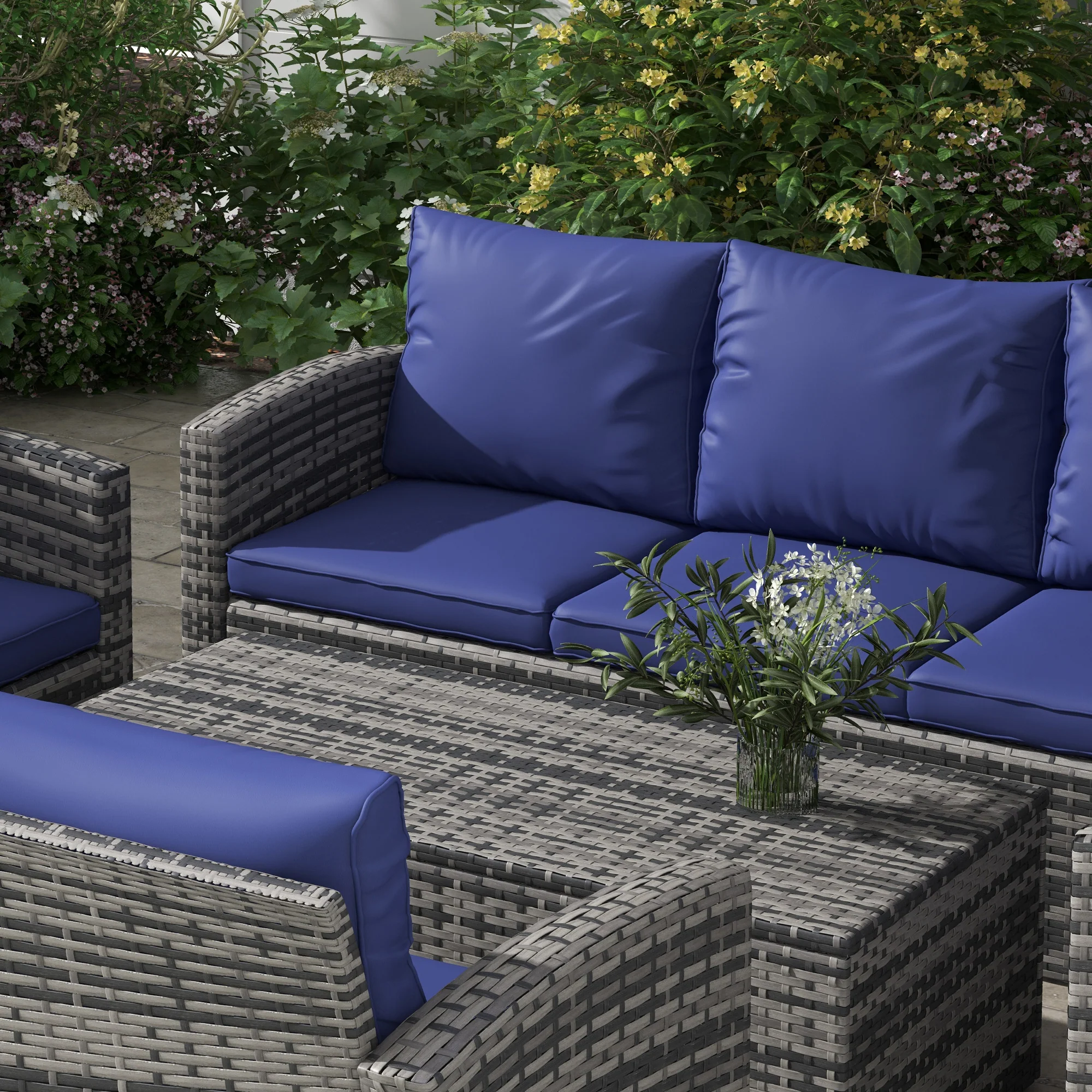 Outsunny 6 PCS Patio Rattan Sofa Set Conversation Furniture with Storage Blue - Image 7