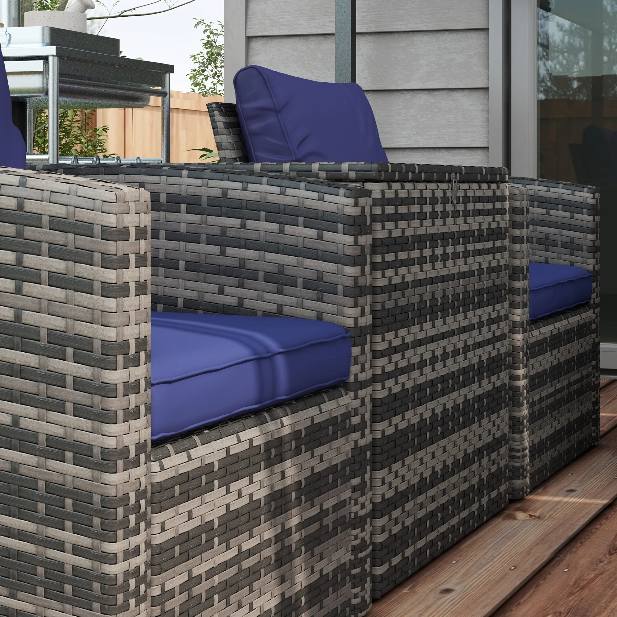Outsunny 6 PCS Patio Rattan Sofa Set Conversation Furniture with Storage Blue - Image 9