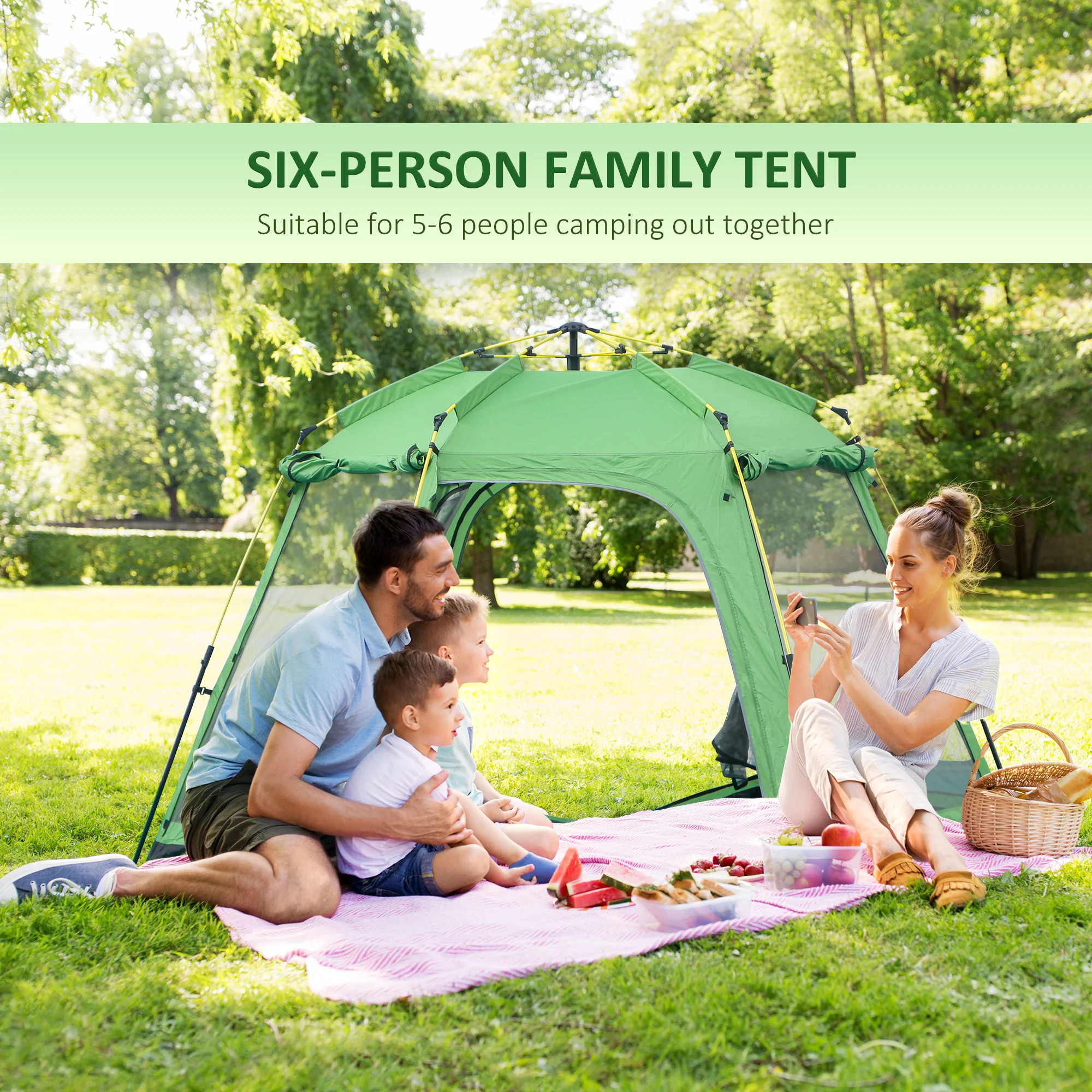Outsunny 6 Person Pop Up Camping Tent, 2-Tier Design Backpacking Tent with 4 Windows 2 Doors Portable Carry Bag for Fishing Hiking, Green - Image 3