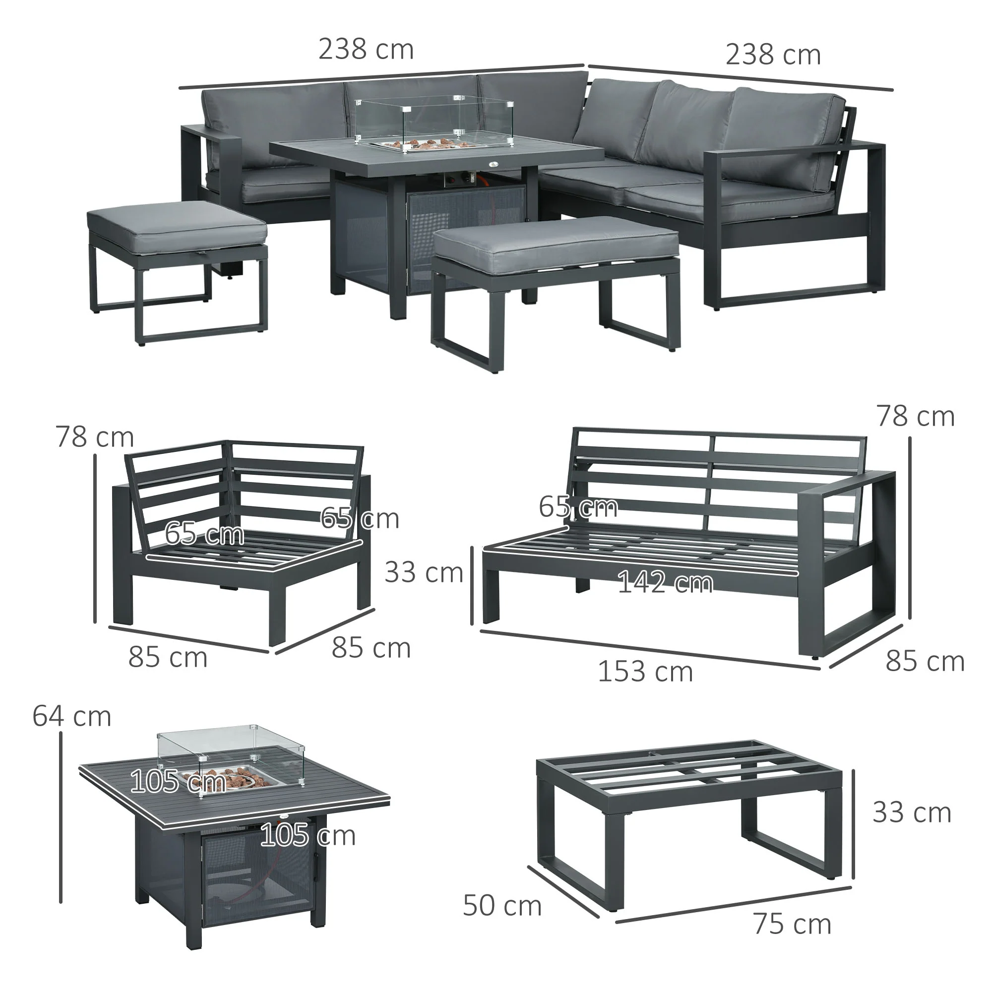 Outsunny 6-Piece Garden Furniture Set With Firepit Table Outdoor Sofa Aluminium - Image 5