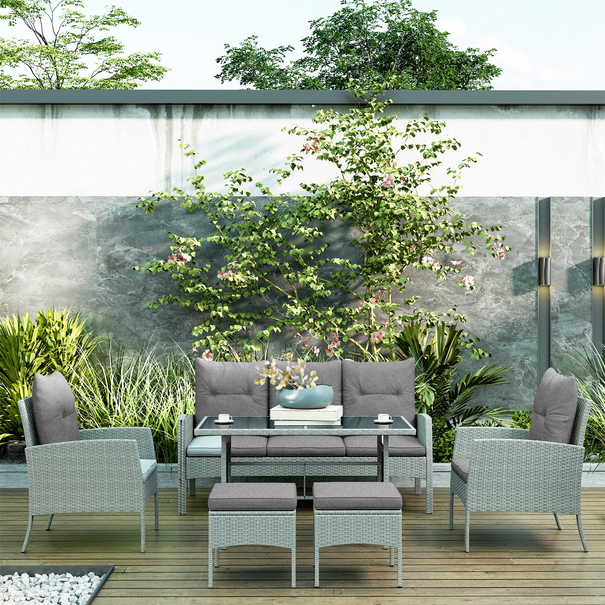 Outsunny 6 Pieces Rattan Garden Furniture Sofa Set, Grey - Image 17