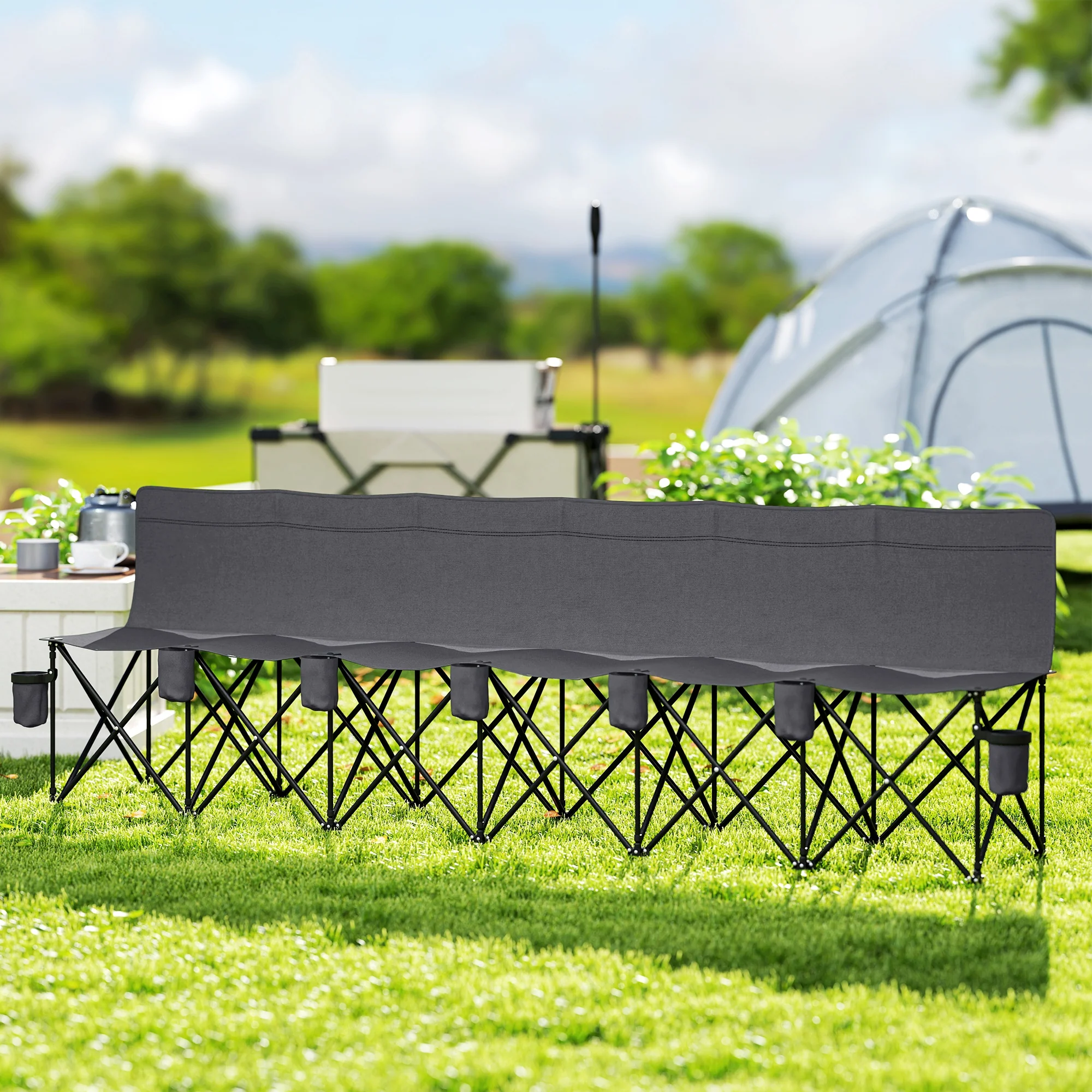 Outsunny 6 Seater Folding Bench Camping Chair with Cup Holder, Charcoal Grey - Image 2