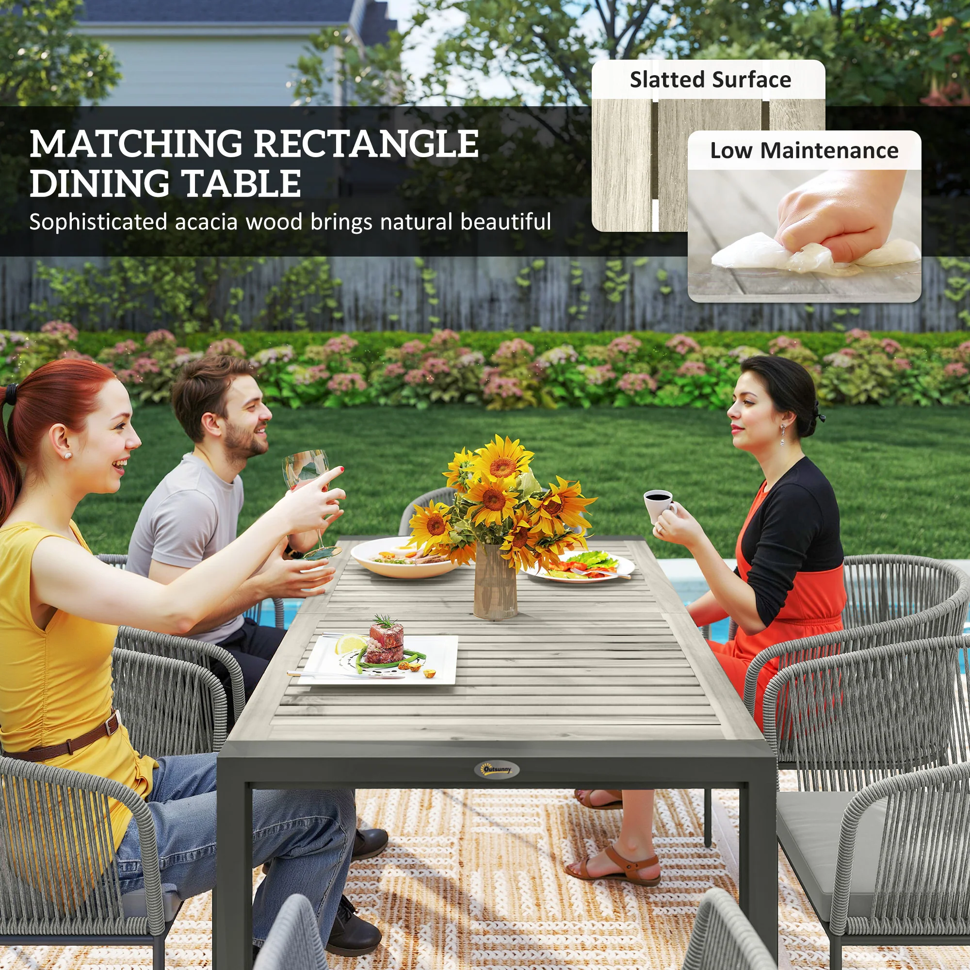 Outsunny 6 Seater Rattan Dining Set with Acacia Wood Table Top Seat Cushions - Image 4