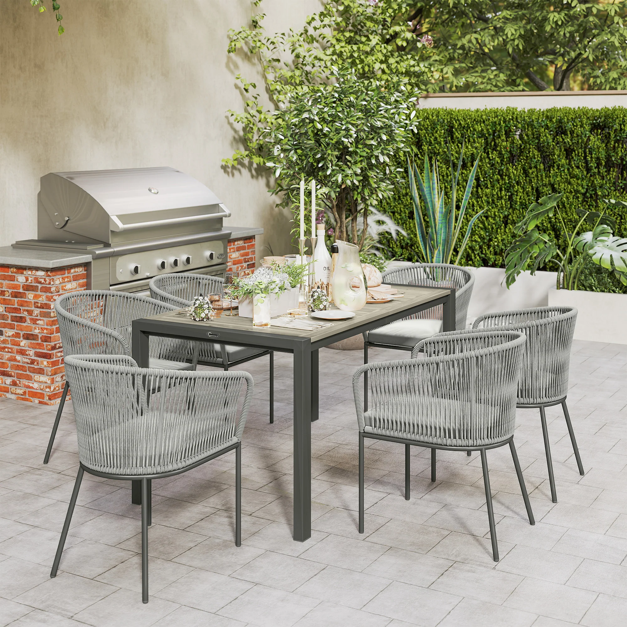 Outsunny 6 Seater Rattan Dining Set with Acacia Wood Table Top Seat Cushions - Image 8
