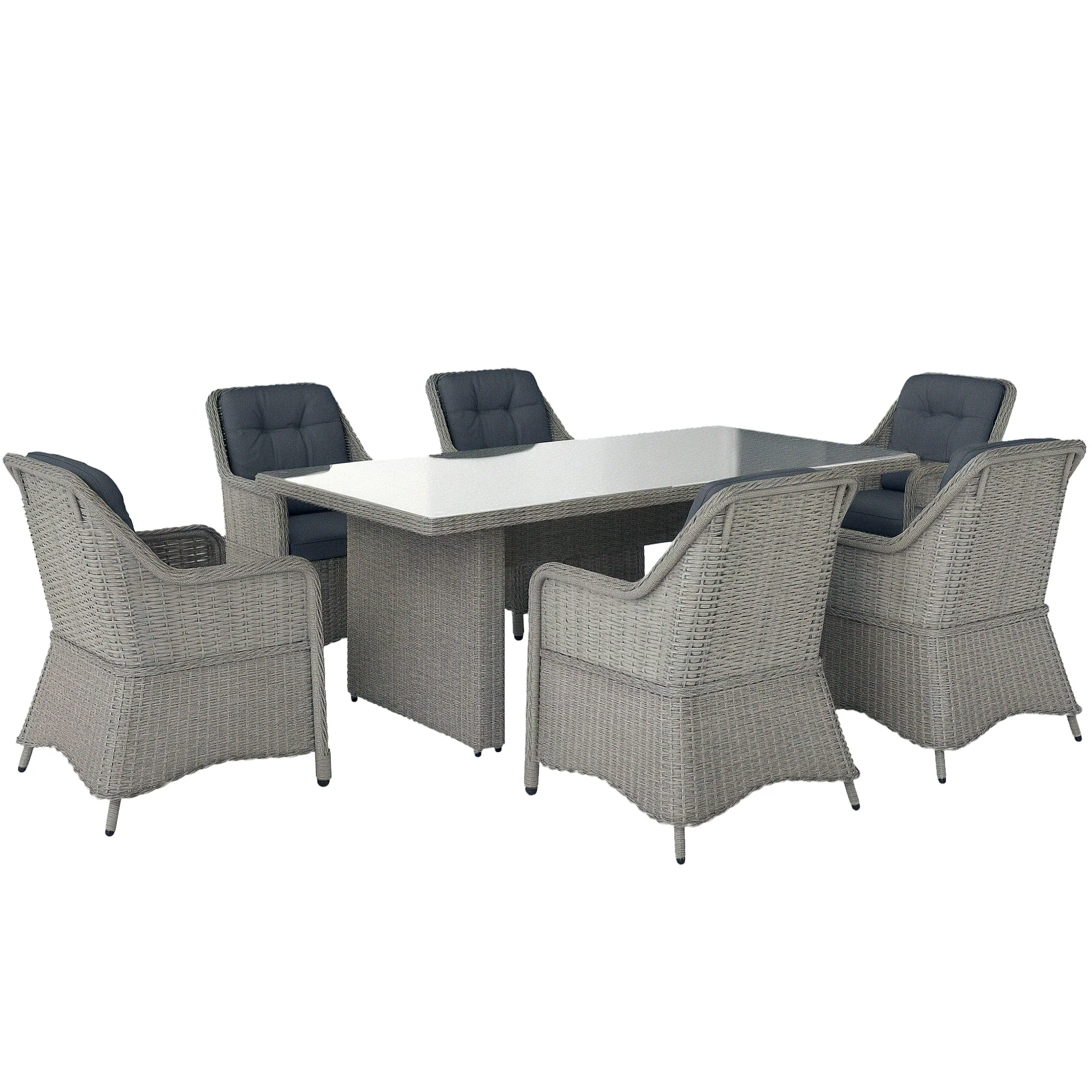 Outsunny 6 Seater Rattan Dining Set With Glass Top Table And Cushions, Grey