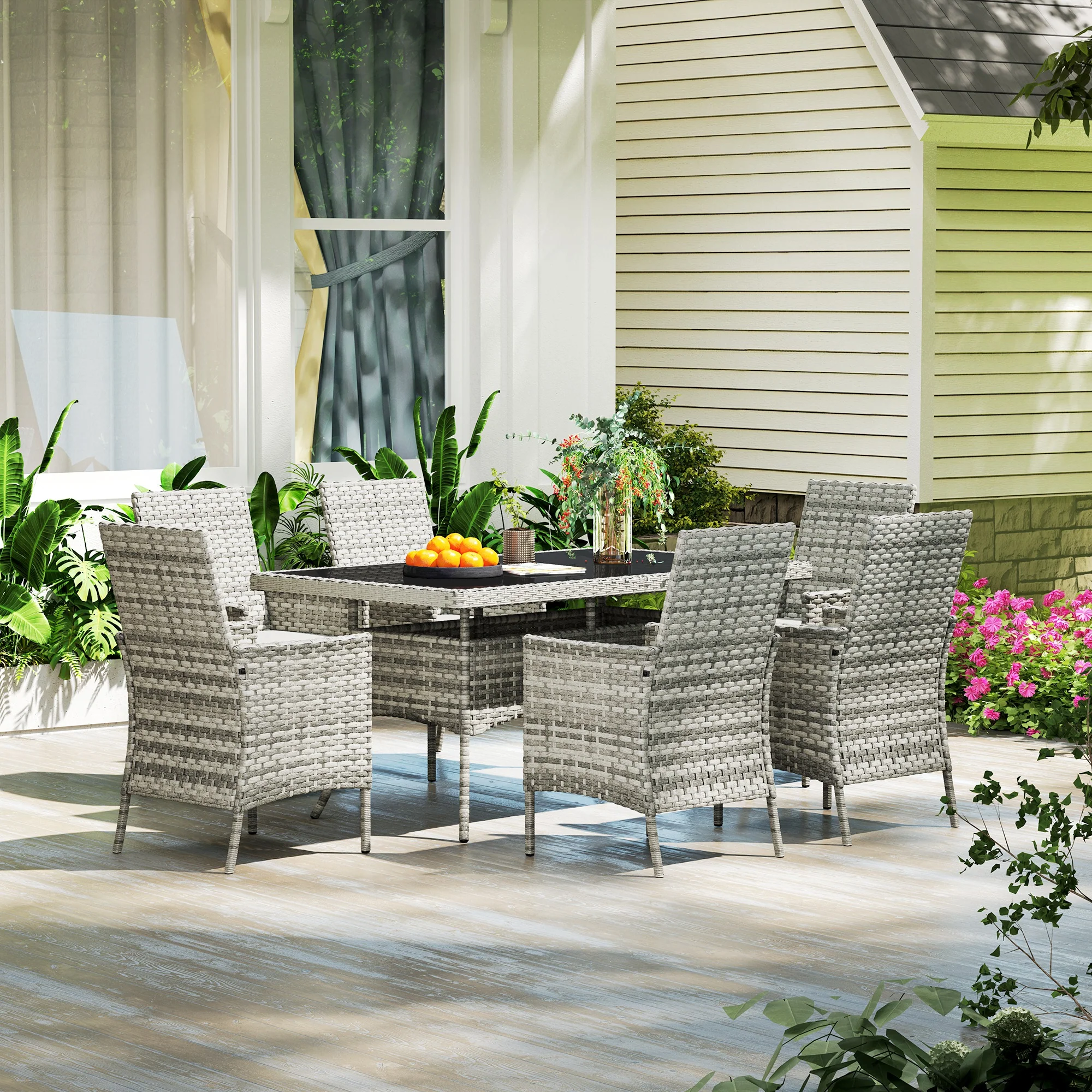 Outsunny 6 Seater Rattan Garden Furniture Set with Cushions, Mixed-Grey - Image 8