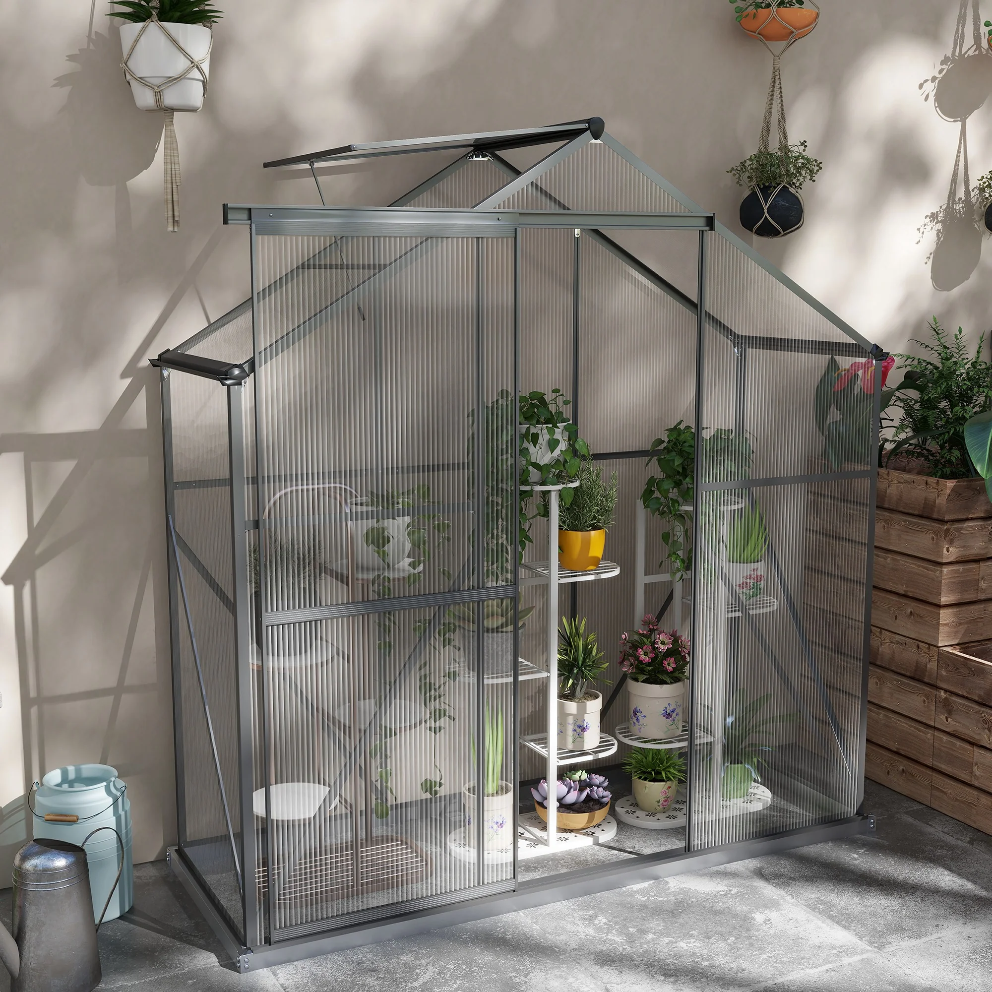 Outsunny 6 x 2.5ft Polycarbonate Greenhouse Aluminium Green House, Dark Grey - Image 2