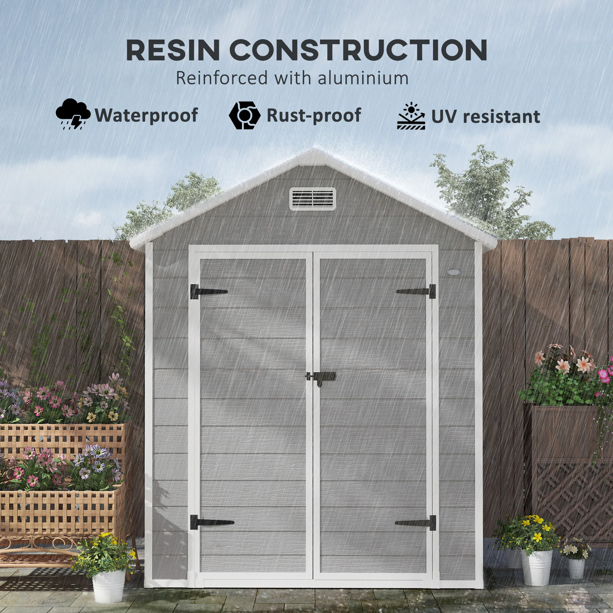 Outsunny 6 X 5ft Resin Garden Shed With Floor And Window, Grey - Image 3