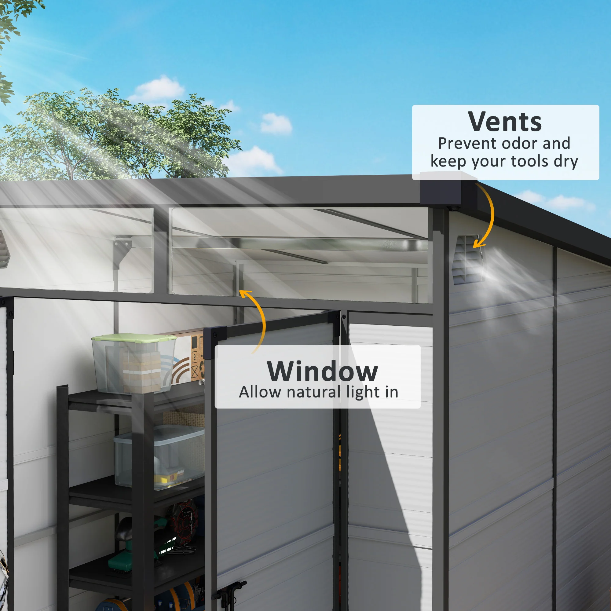 Outsunny 6 x 6ft Plastic Garden Shed with Windows and Air Vents - Image 13