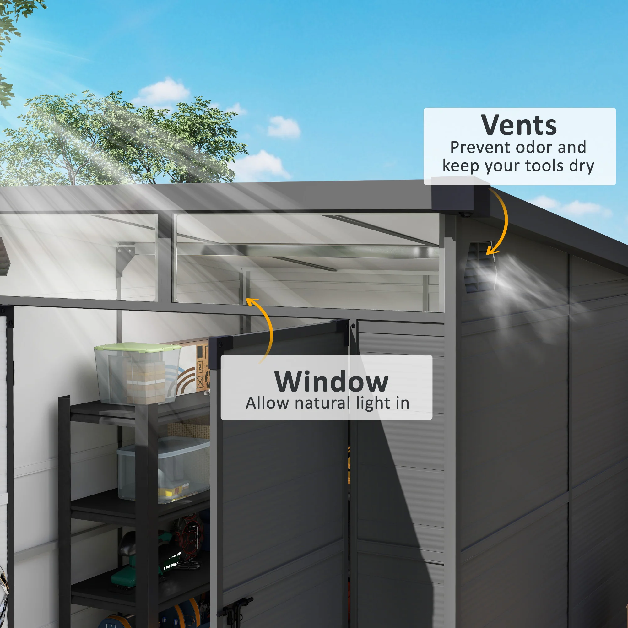 Outsunny 6 x 6ft Plastic Garden Shed with Windows and Air Vents - Image 4