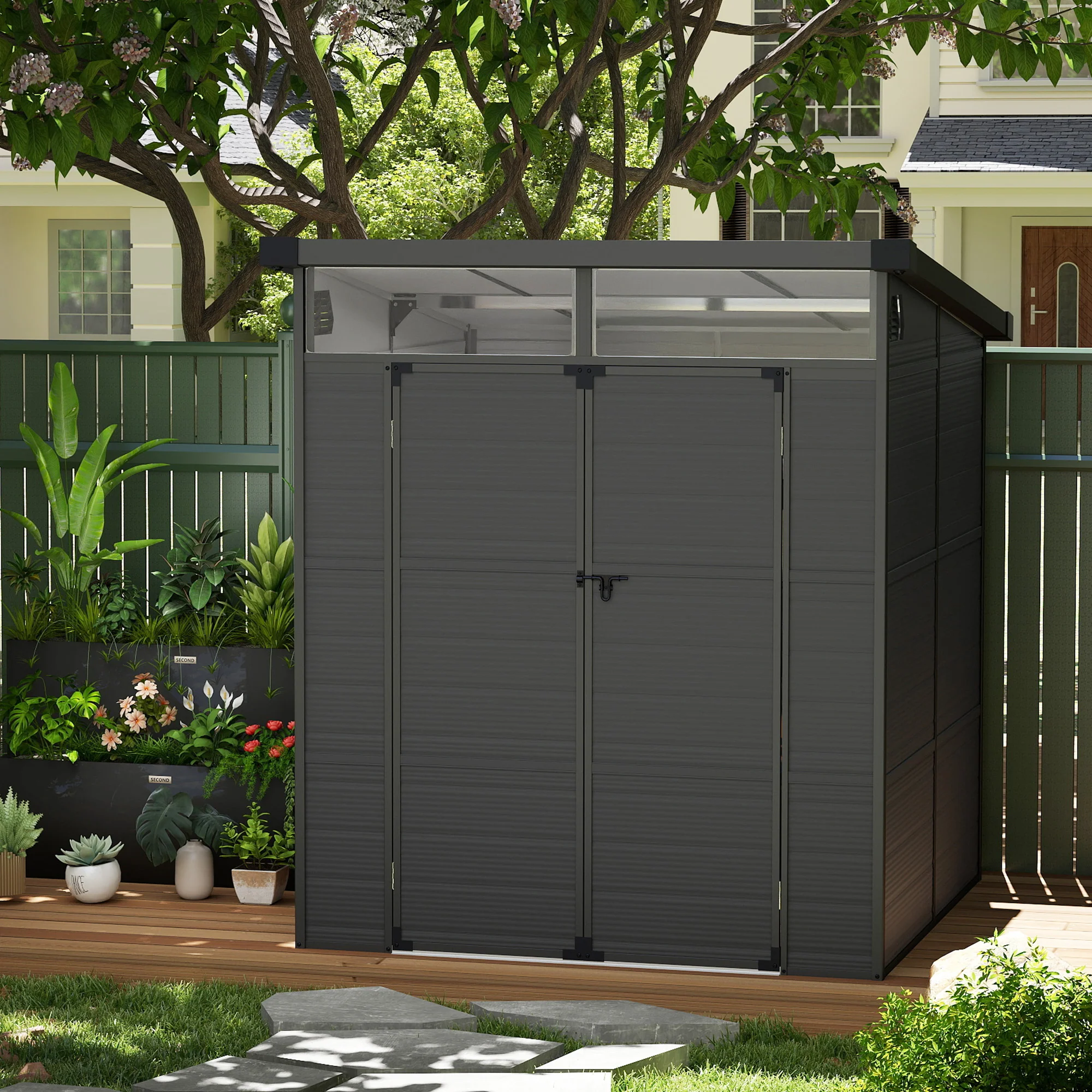 Outsunny 6 x 6ft Plastic Garden Shed with Windows and Air Vents - Image 9