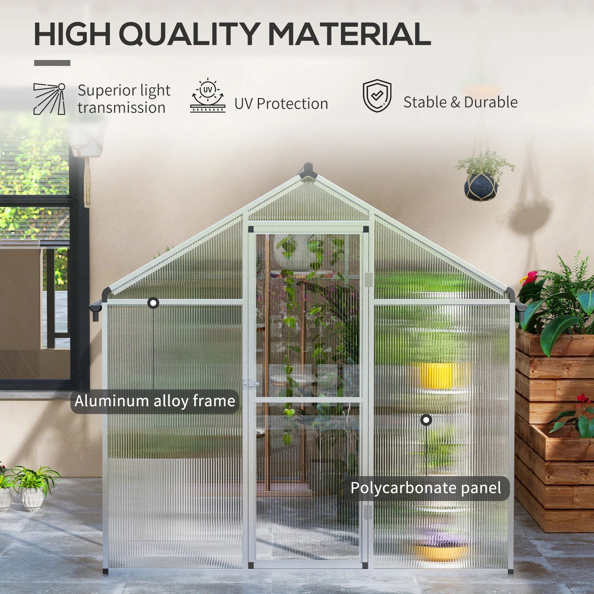 Outsunny Aluminium Greenhouse With/ Door Window Galvanised Base PC Panel - Image 21