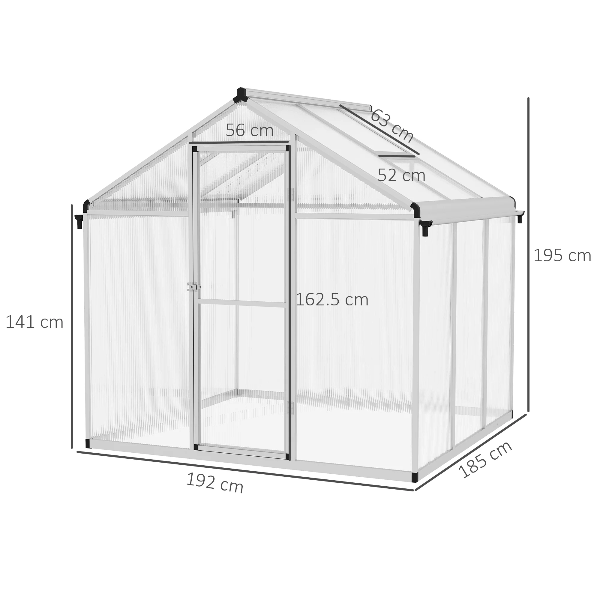 Outsunny Aluminium Greenhouse With/ Door Window Galvanised Base PC Panel - Image 5