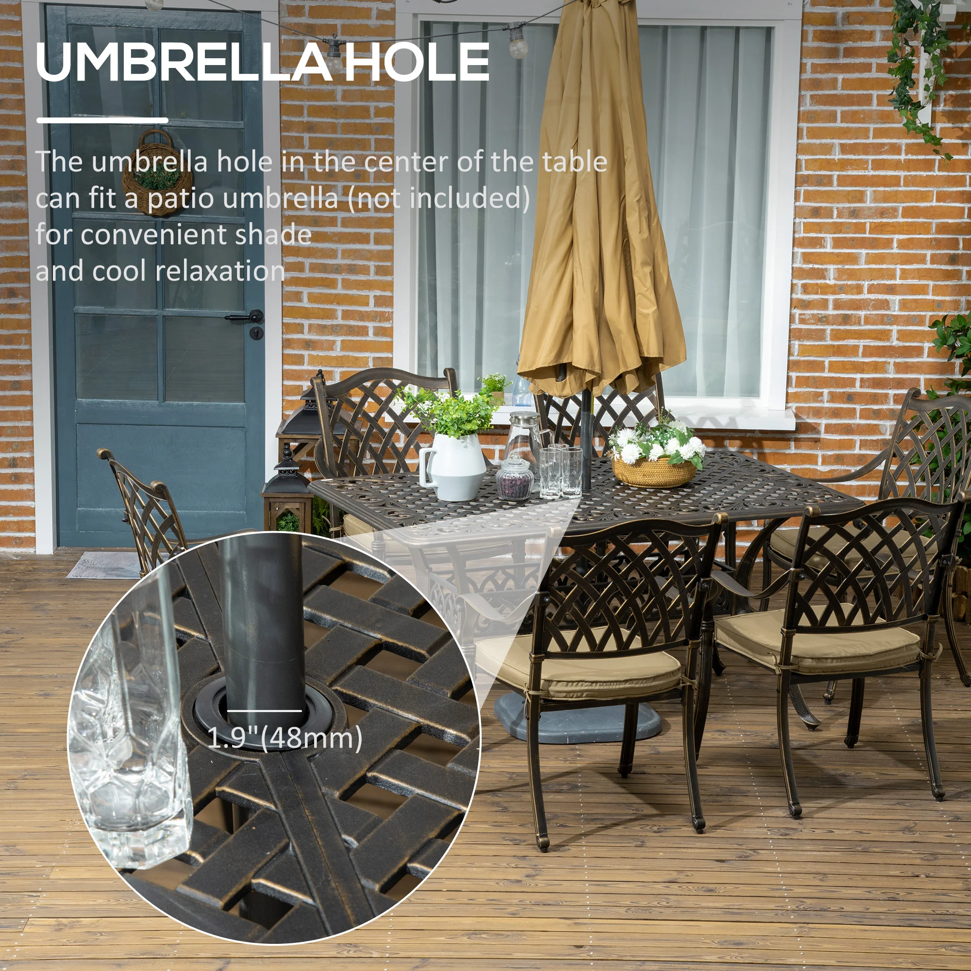 Outsunny 7-PC Cast Aluminum Patio Dining Set W/ Umbrella Hole & Cushion, Bronze - Image 4