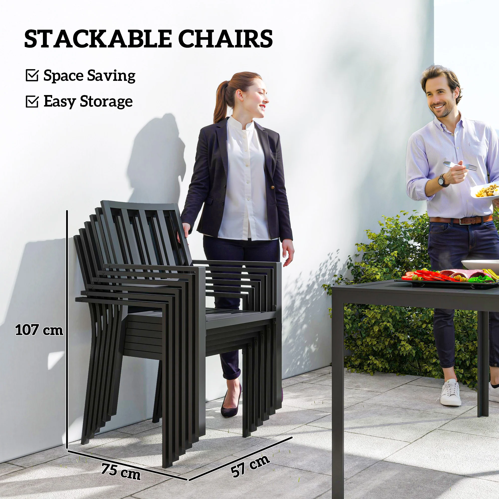 Outsunny 7 PCs Garden Dining Set W/ Stackable Chairs And Metal Top Table, Black - Image 19