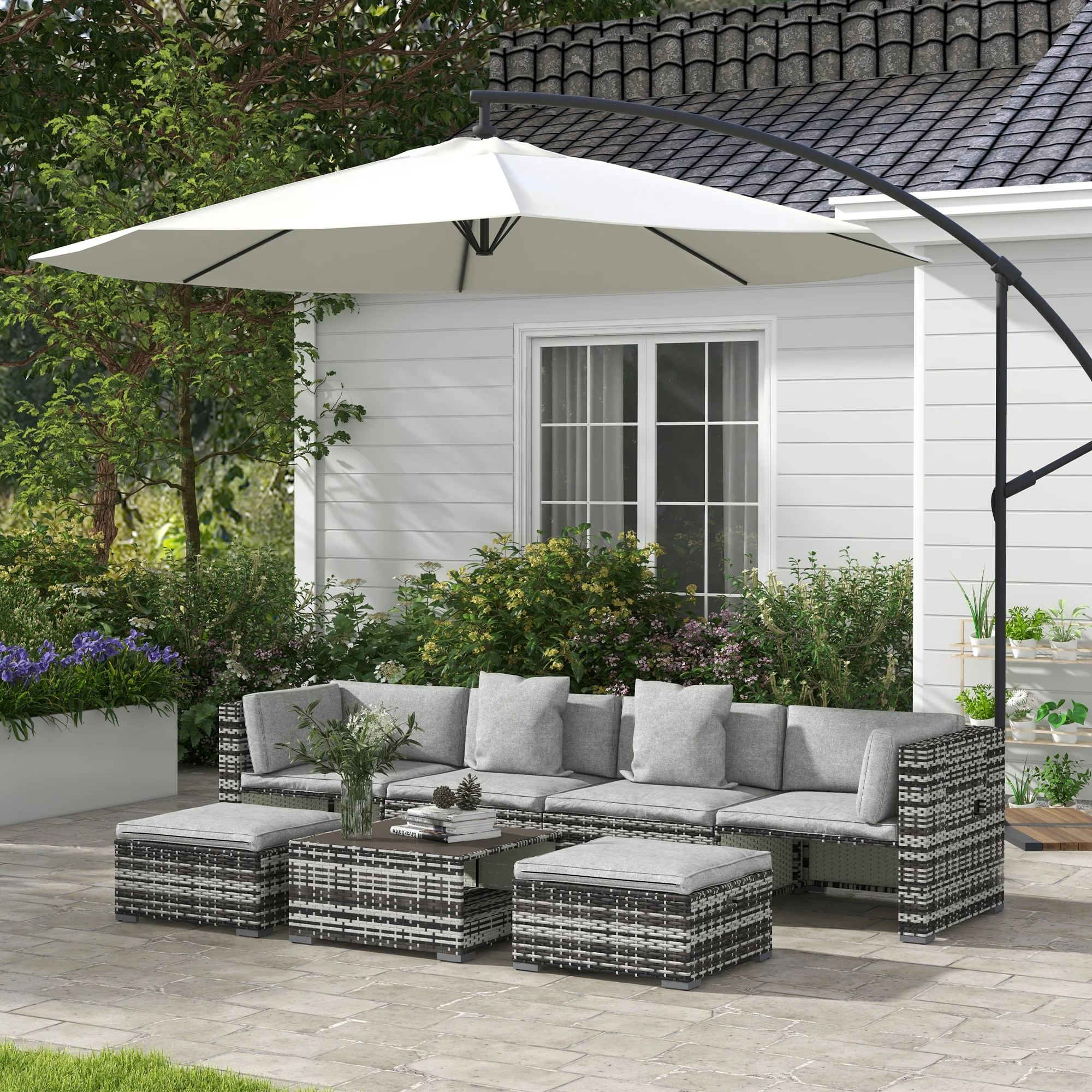 Outsunny 7 PCs Rattan Garden Furniture Set with Side Shelf, Stools, Table, Grey - Image 2