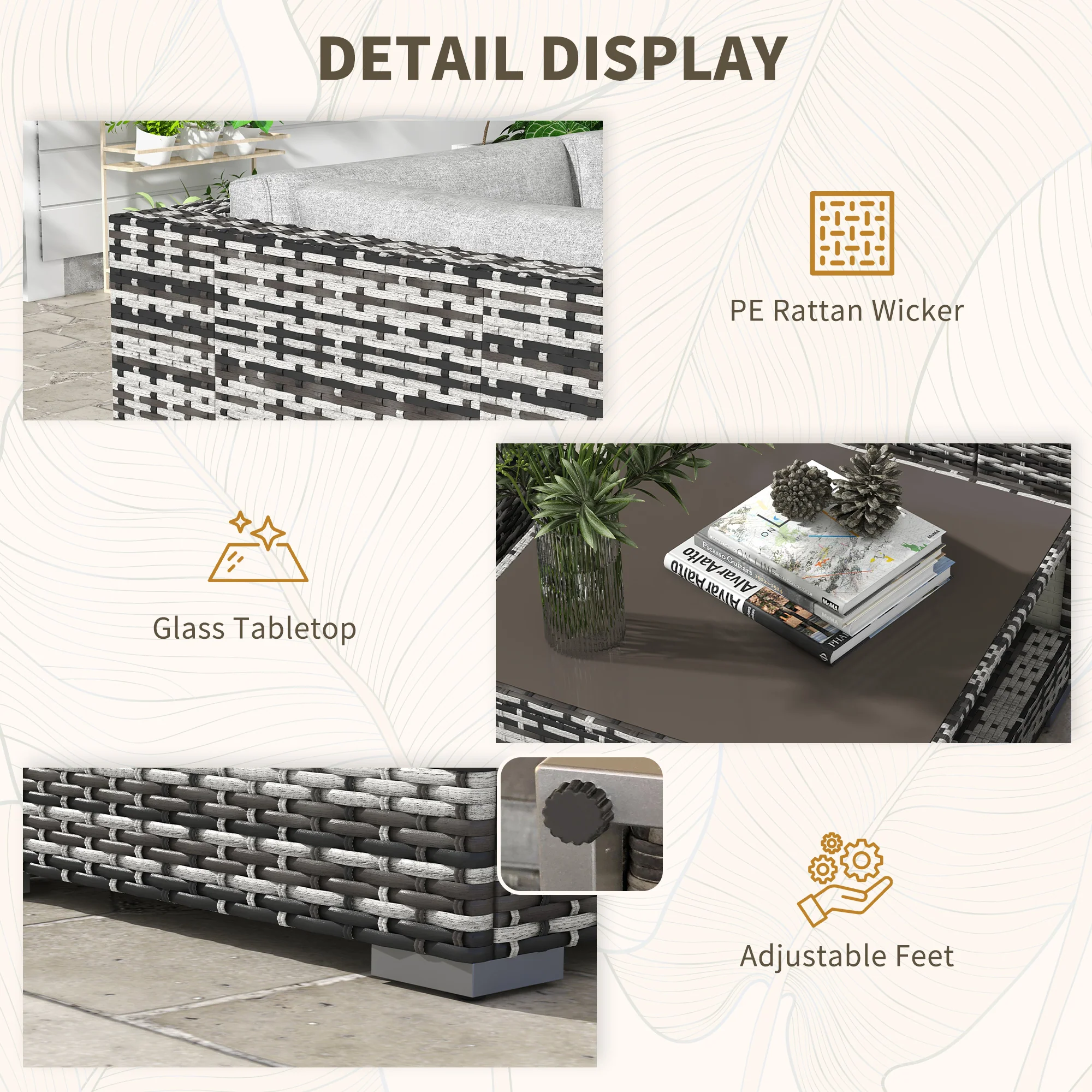 Outsunny 7 PCs Rattan Garden Furniture Set with Side Shelf, Stools, Table, Grey - Image 7